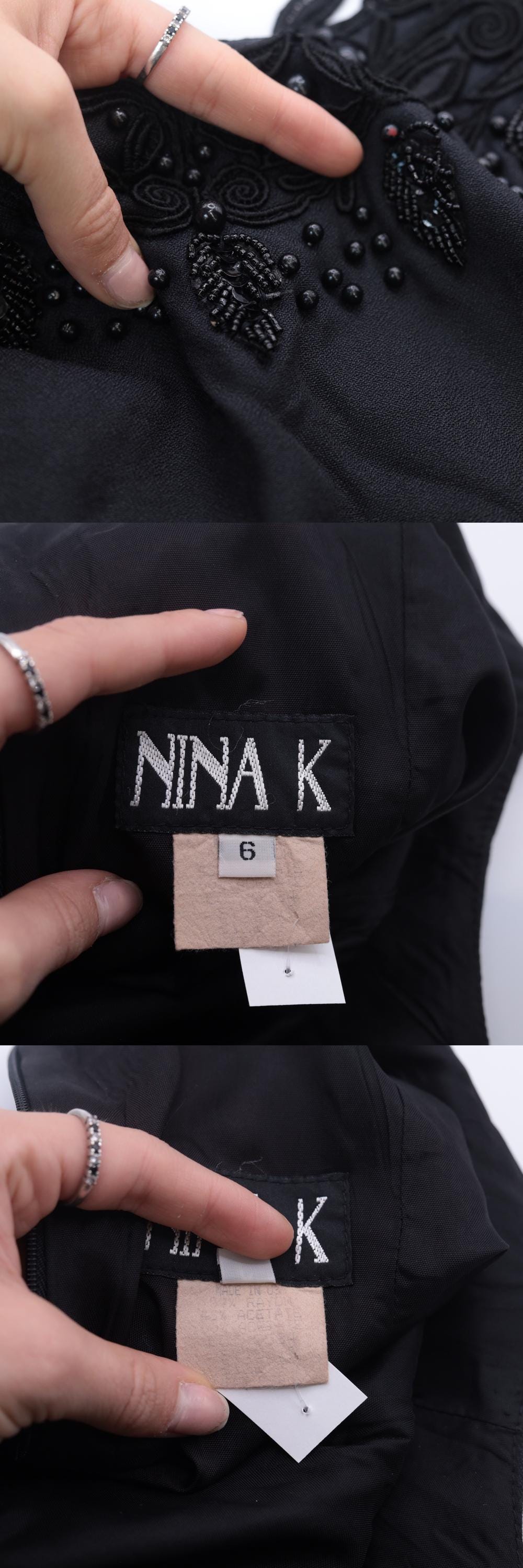 90s Nina K Black Beaded Mini Dress Lace Neckline Sheath Small