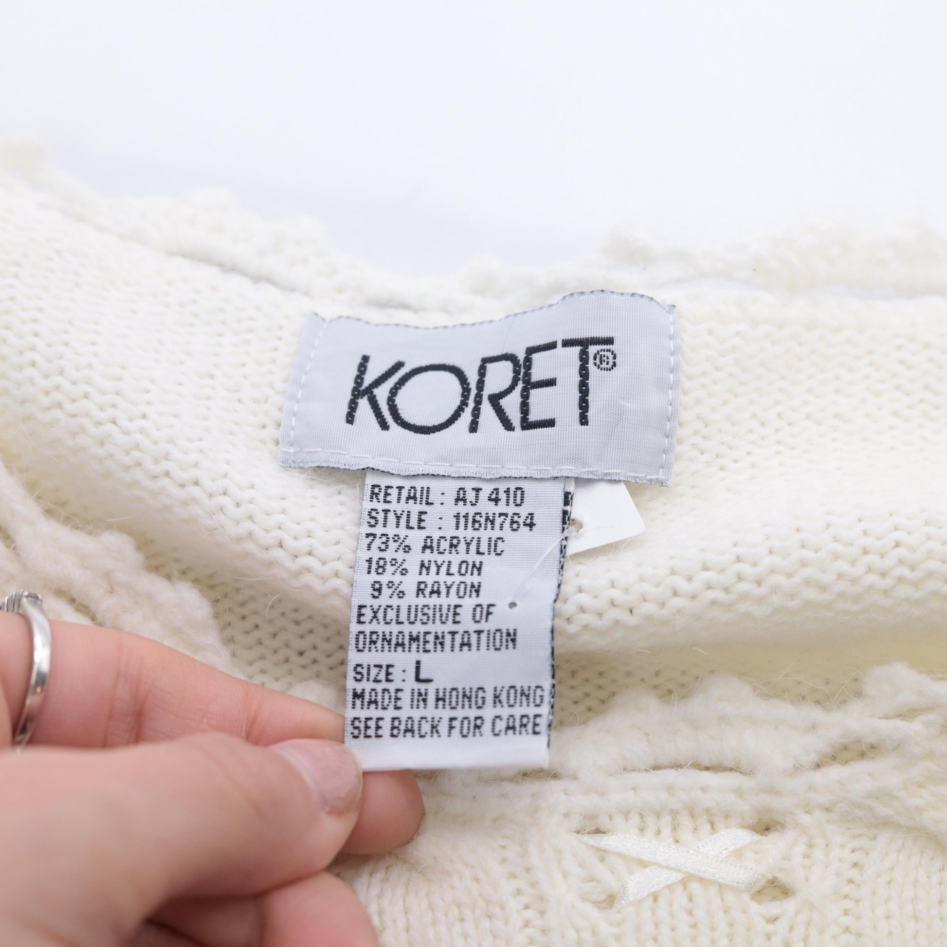 90s Koret White Cable Knit Sweater Floral Embroidered Beaded Crochet Lace Large
