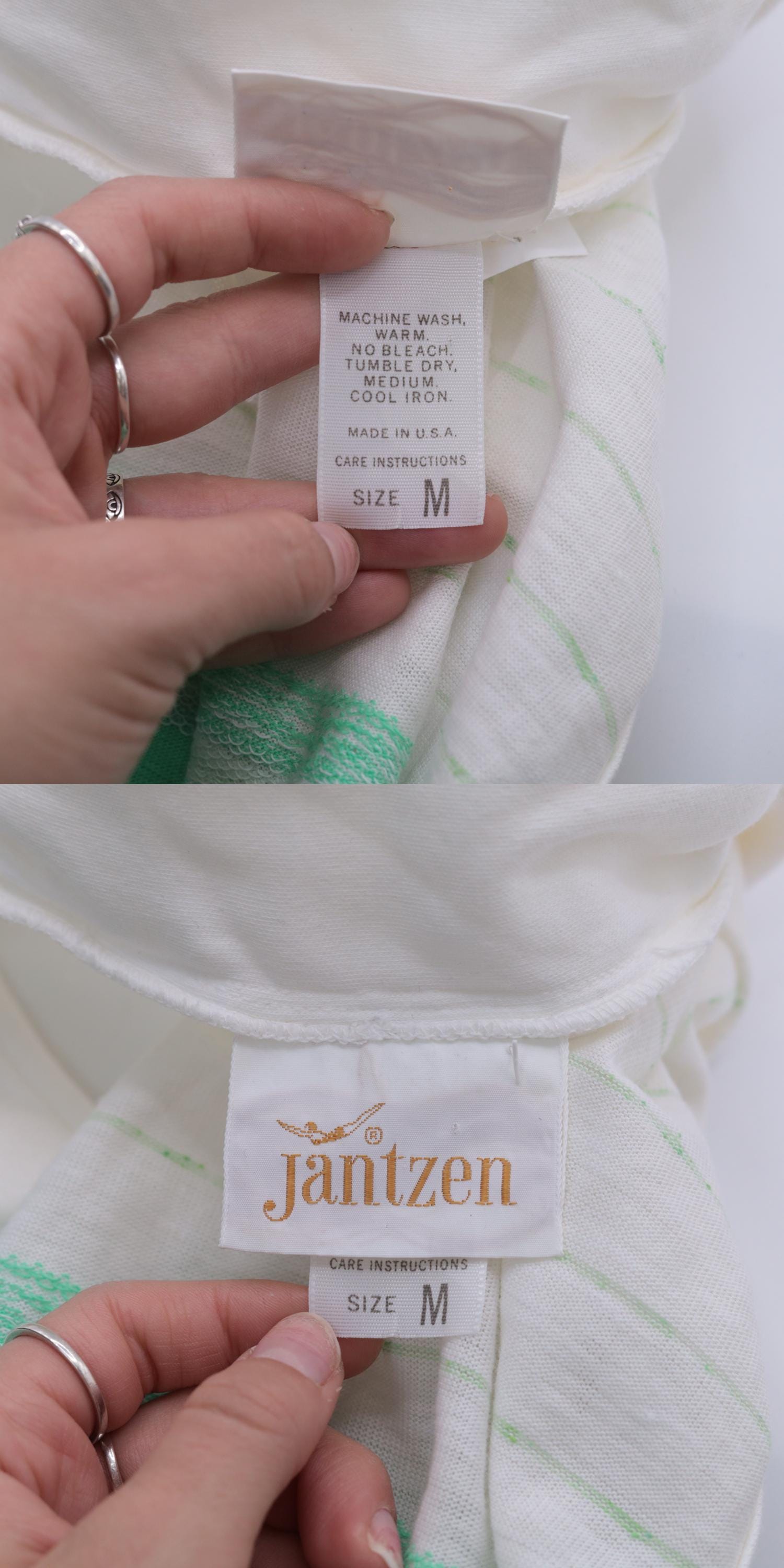 70s Jantzen Striped V-Neck Tank Top White Green Geometric Small
