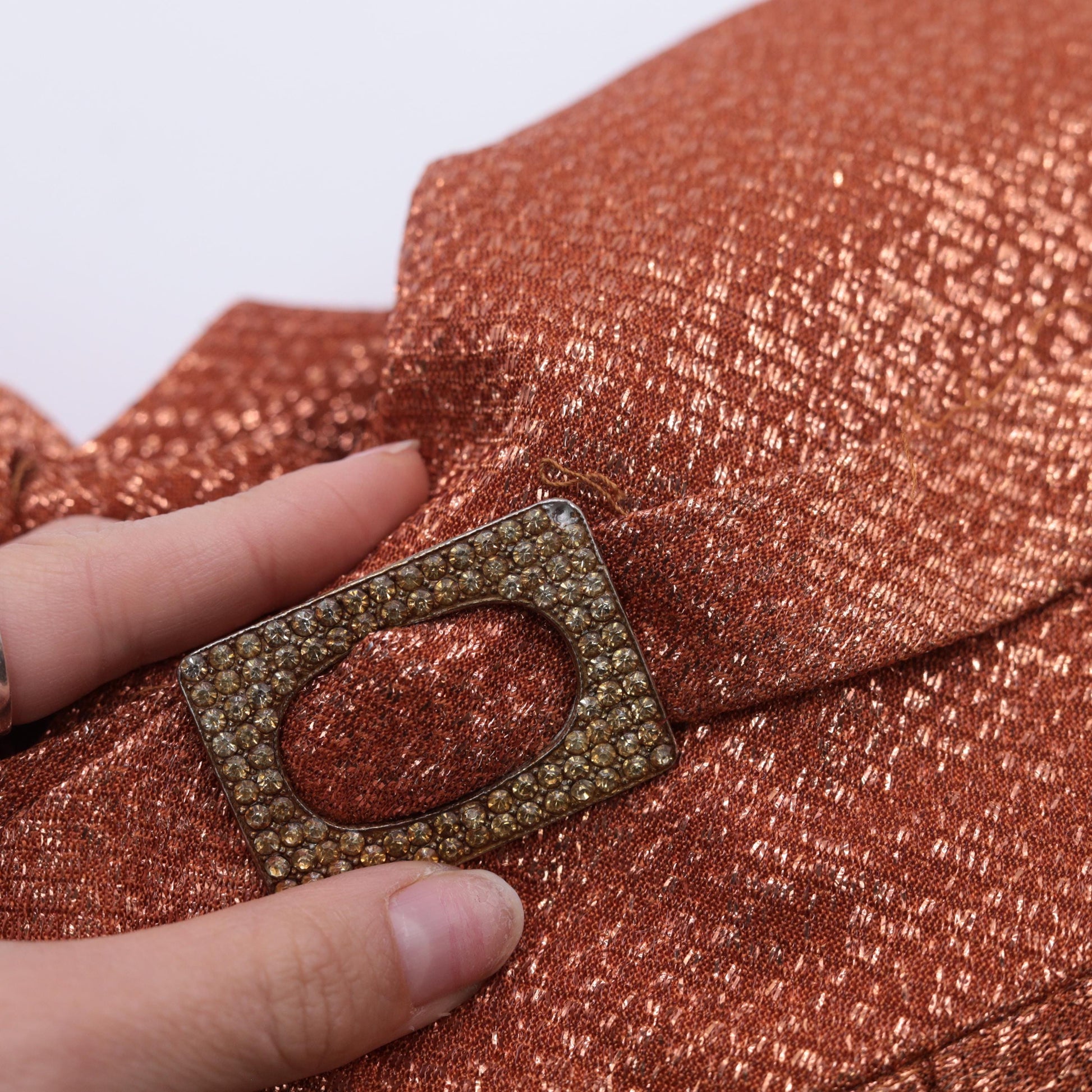 60s Metallic Orange Mini Party Dress Rhinestone Drop Waist Sleeveless XS