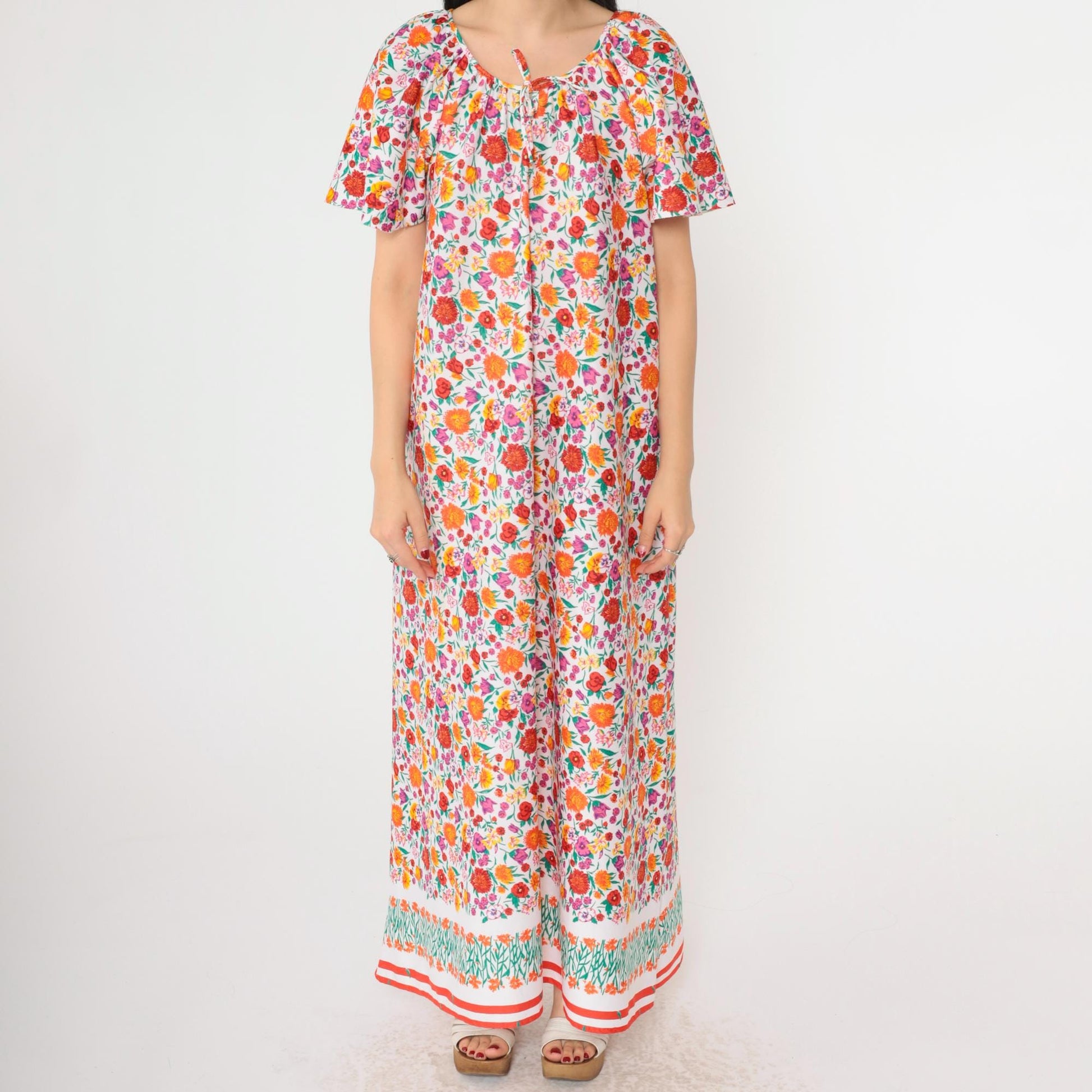 70s Floral Maxi Tent Dress Flutter Sleeve Pullover Large