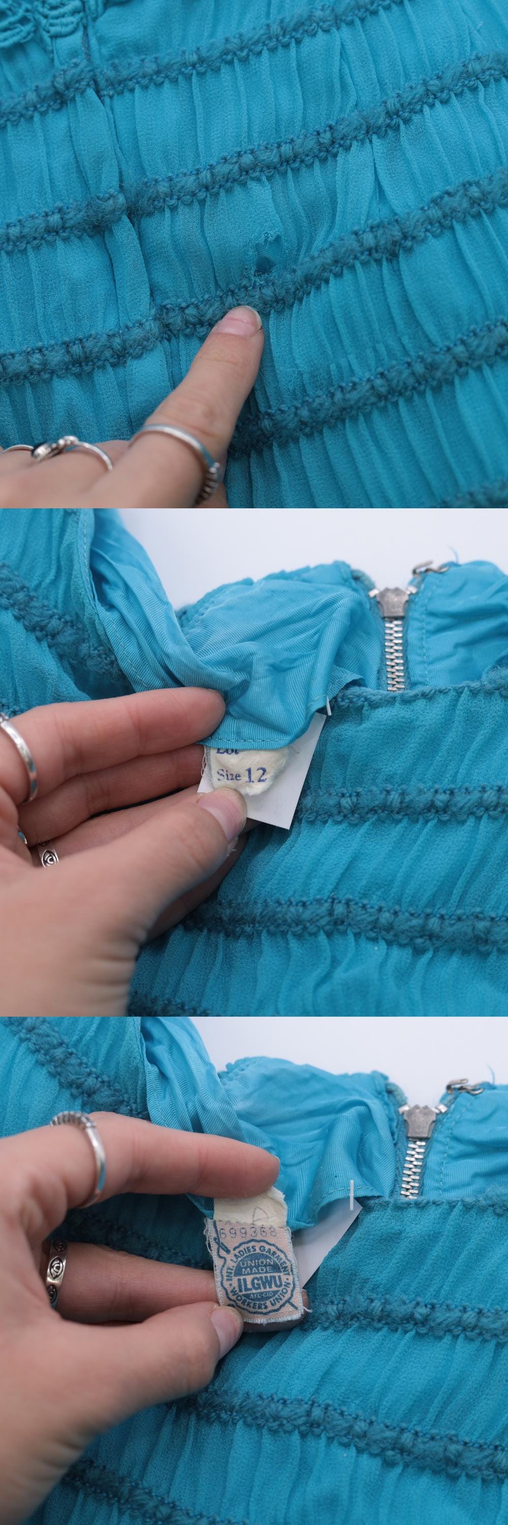 1960s Blue Appliqué Yarn Striped Sleeveless Sheath Cocktail Dress Extra Small