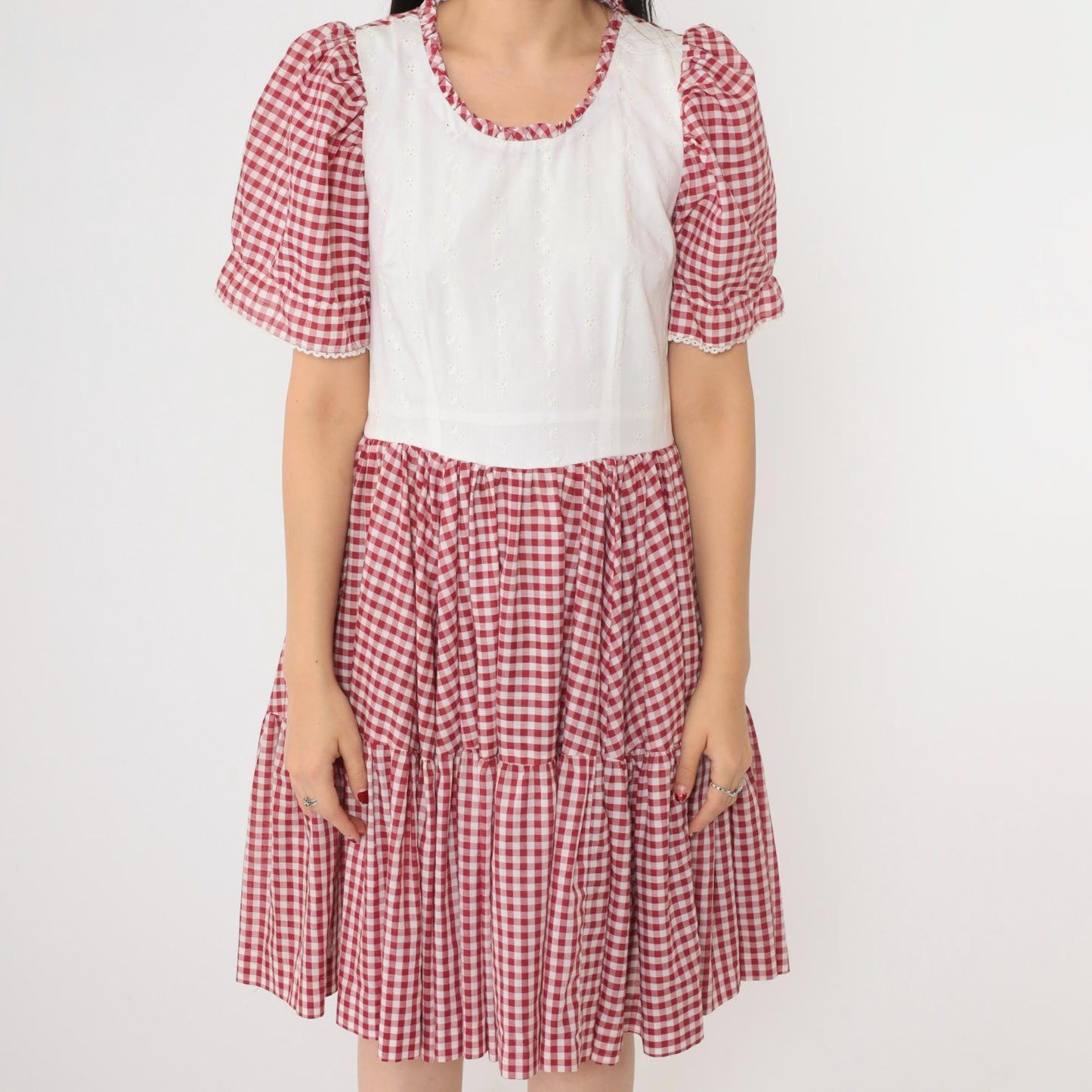70s Red Gingham Prairie Dress Puff Sleeve Eyelet Lace High Waist Small Medium