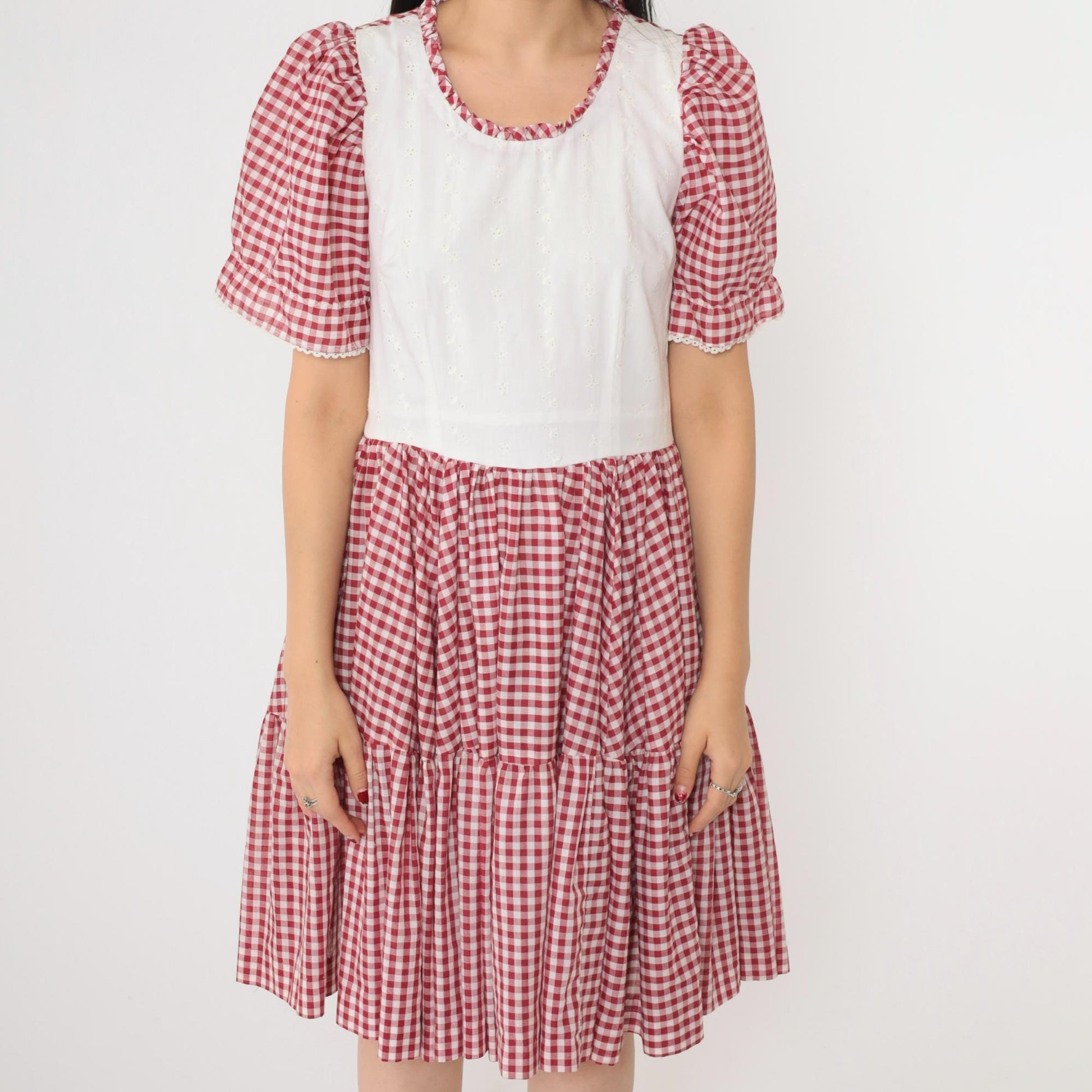 70s Red Gingham Prairie Dress Puff Sleeve Eyelet Lace High Waist Small Medium