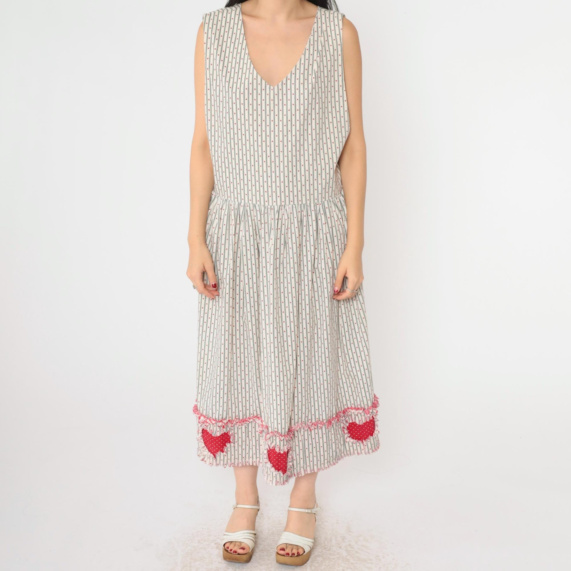 80s Heart Striped Midi Jumper Dress Low Armhole V Neck Small Medium
