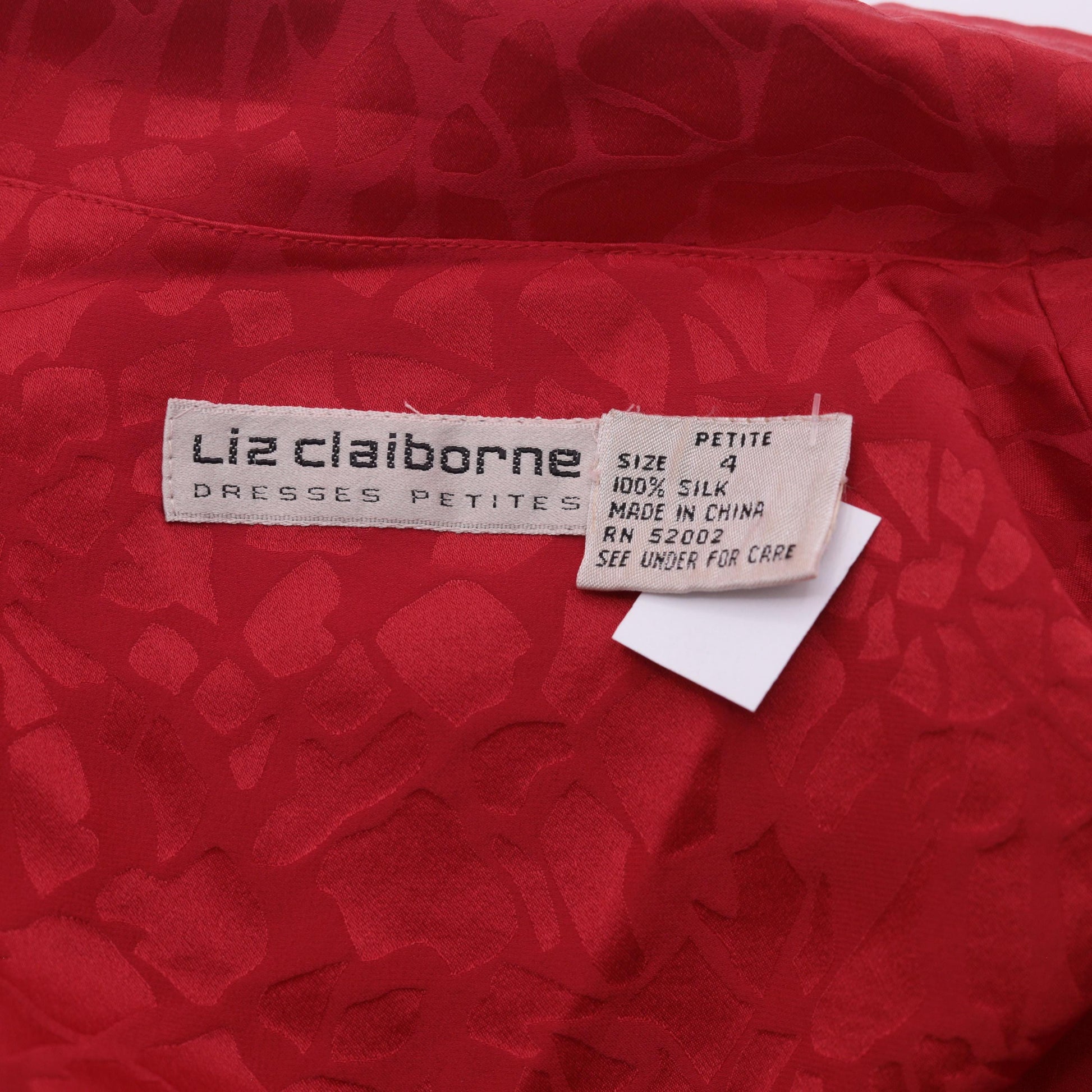 90s Liz Claiborne Red Silk Wrap Dress Embossed Mosaic V Neck Midi Extra Small XS