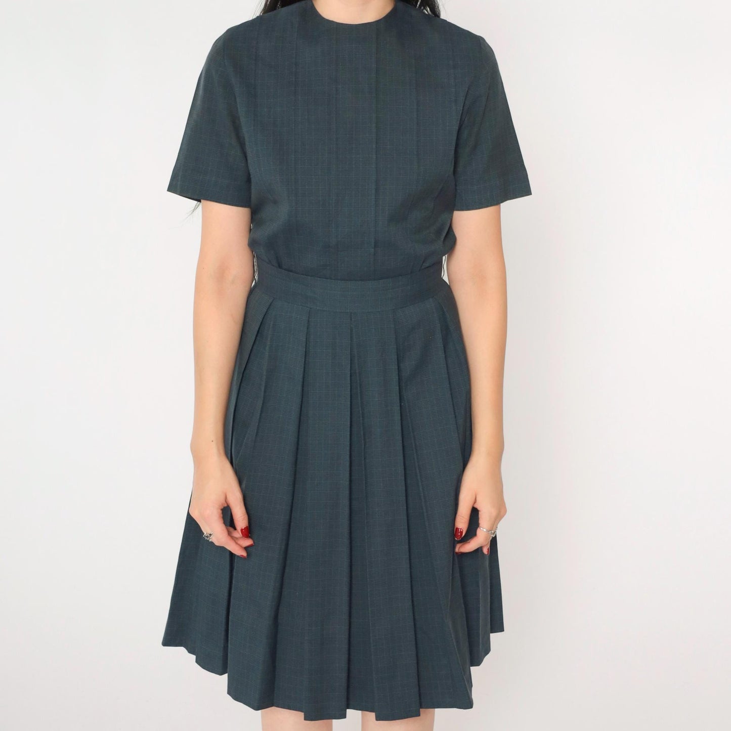 1960s Grey Checkered Pleated Day Dress High Waist Button Back Small