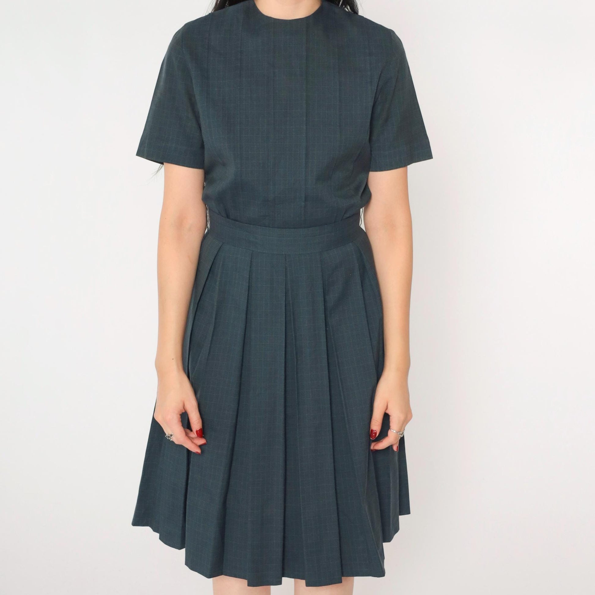 1960s Grey Checkered Pleated Day Dress High Waist Button Back Small