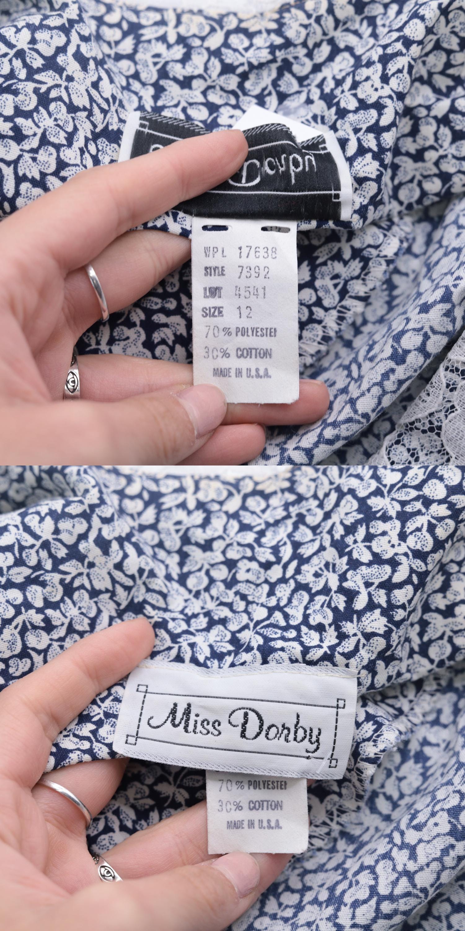 80s Blue Floral Midi Dress White Lace Collar Faux Wrap 3/4 Sleeve Medium