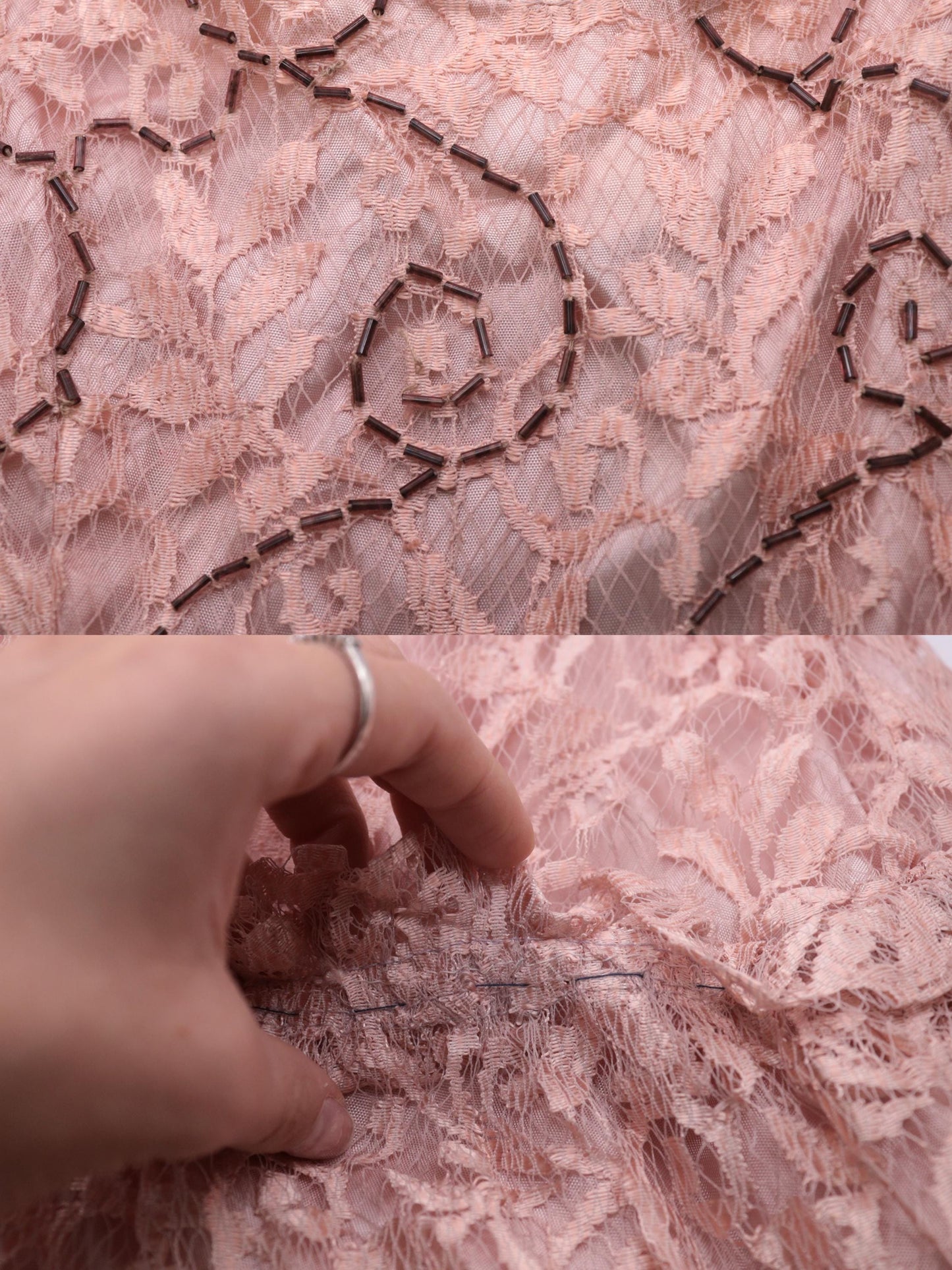 1960s Pink Lace Midi Dress Beaded Floral Scoop Neck Drop Waist Medium