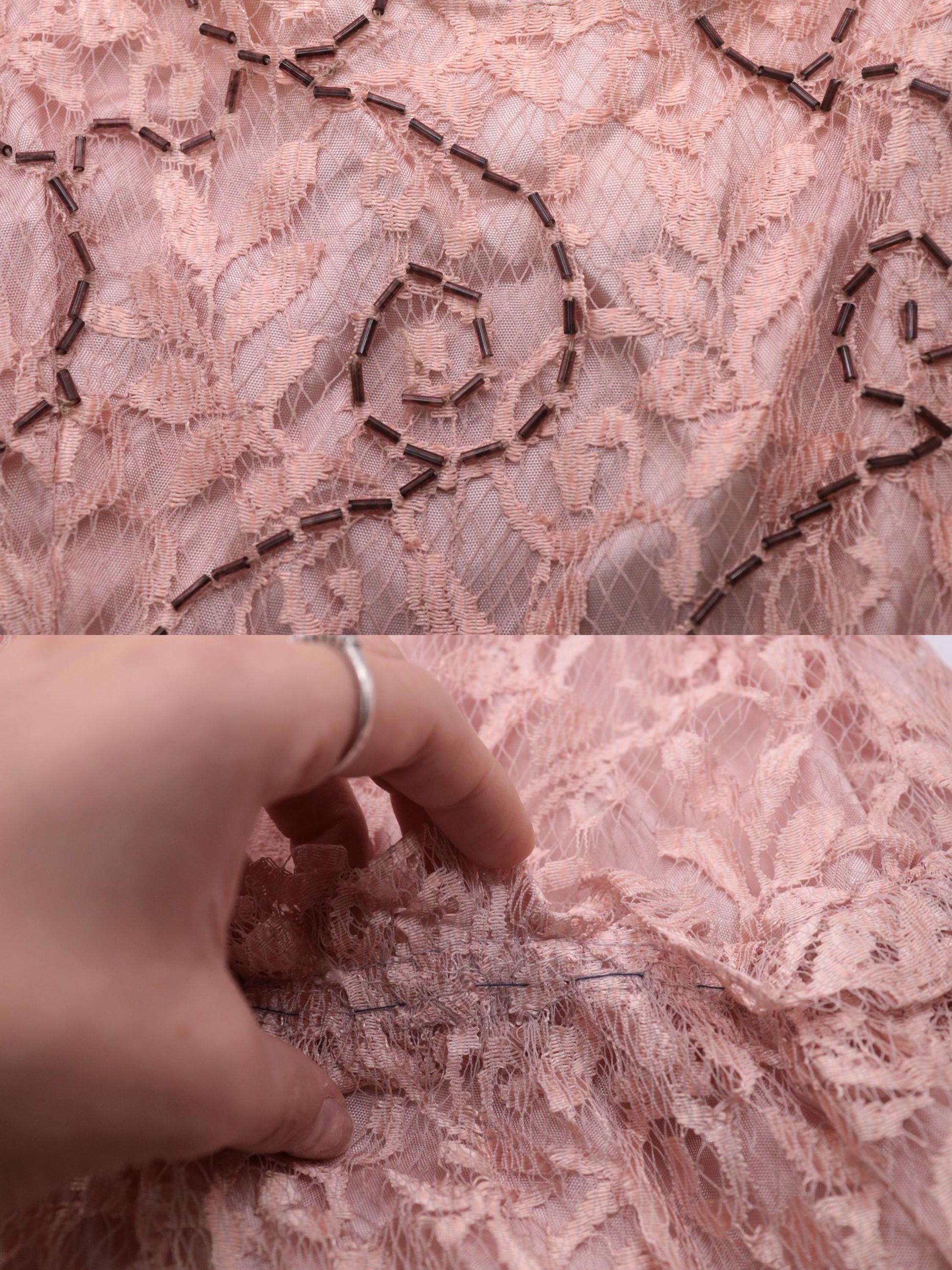 1960s Pink Lace Midi Dress Beaded Floral Scoop Neck Drop Waist Medium