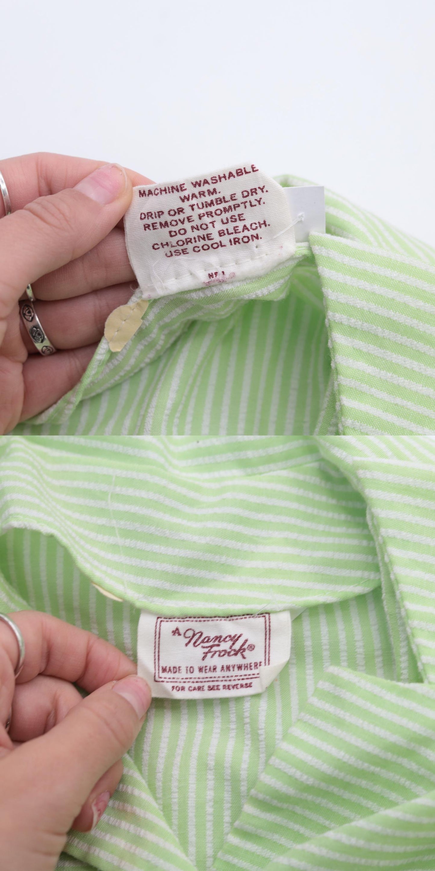 60s Nancy Frock Pastel Green Striped Button-Up Shift Dress Knee-Length Small