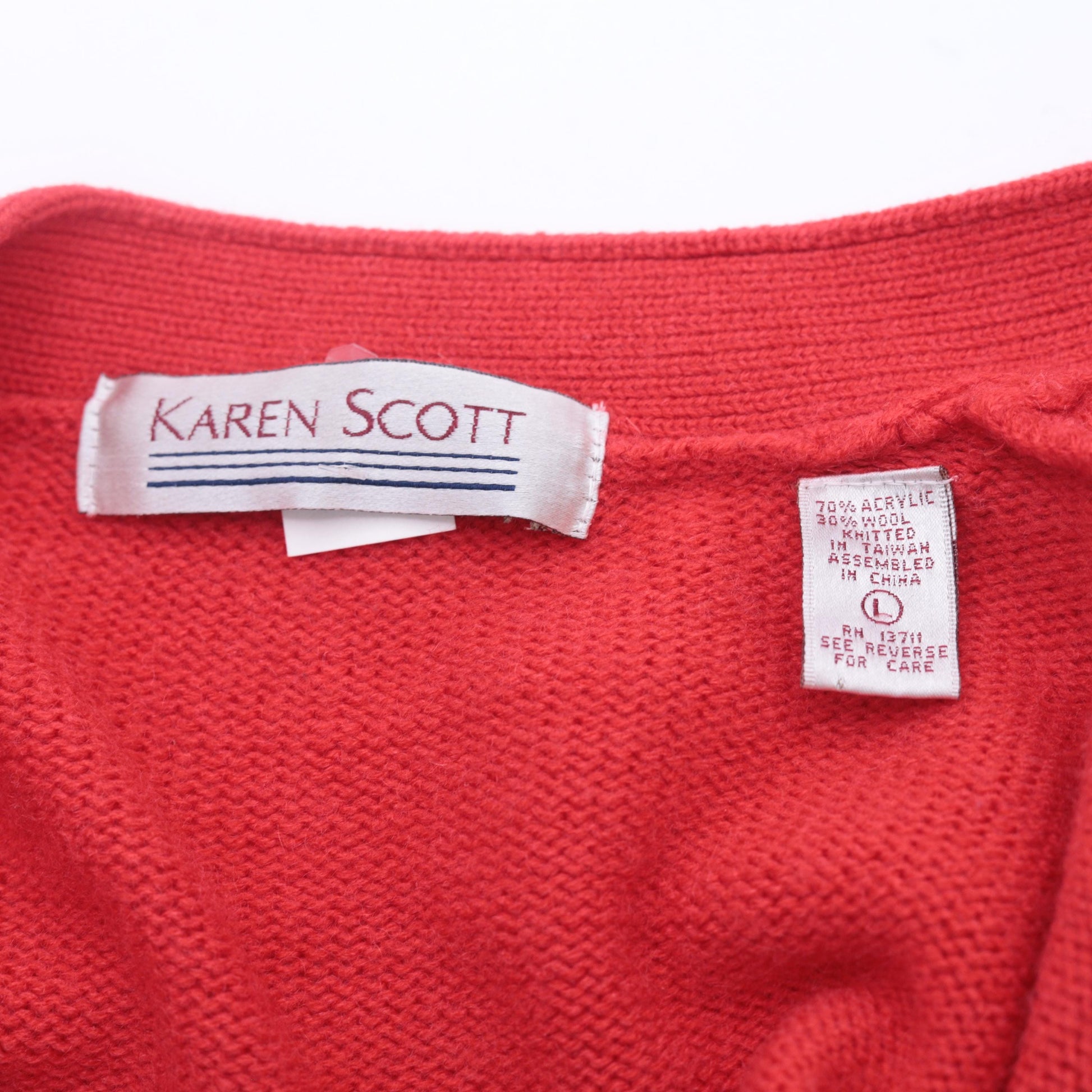 80s Karen Scott Wool Cardigan Red Gold Button Knit Sweater Large L