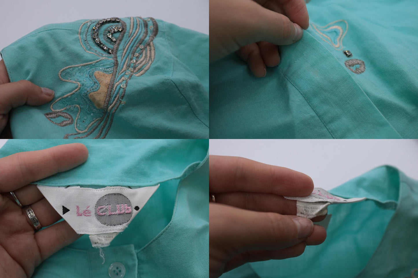 90s Aqua Sequin Rhinestone Embroidered Button Up Blouse Short Sleeve Medium M