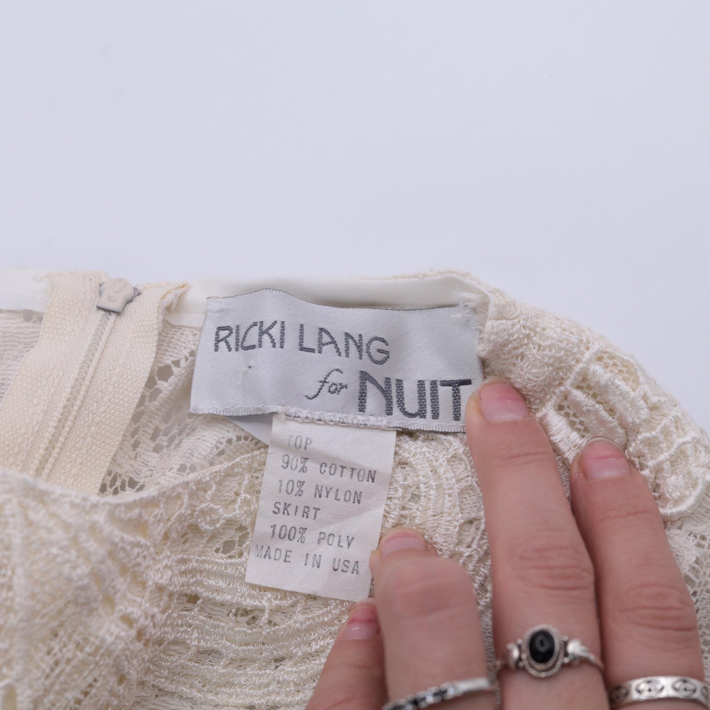 80s Ricki Lang Sheer Lace Maxi Dress Cream Puff Sleeve Drop Waist Medium
