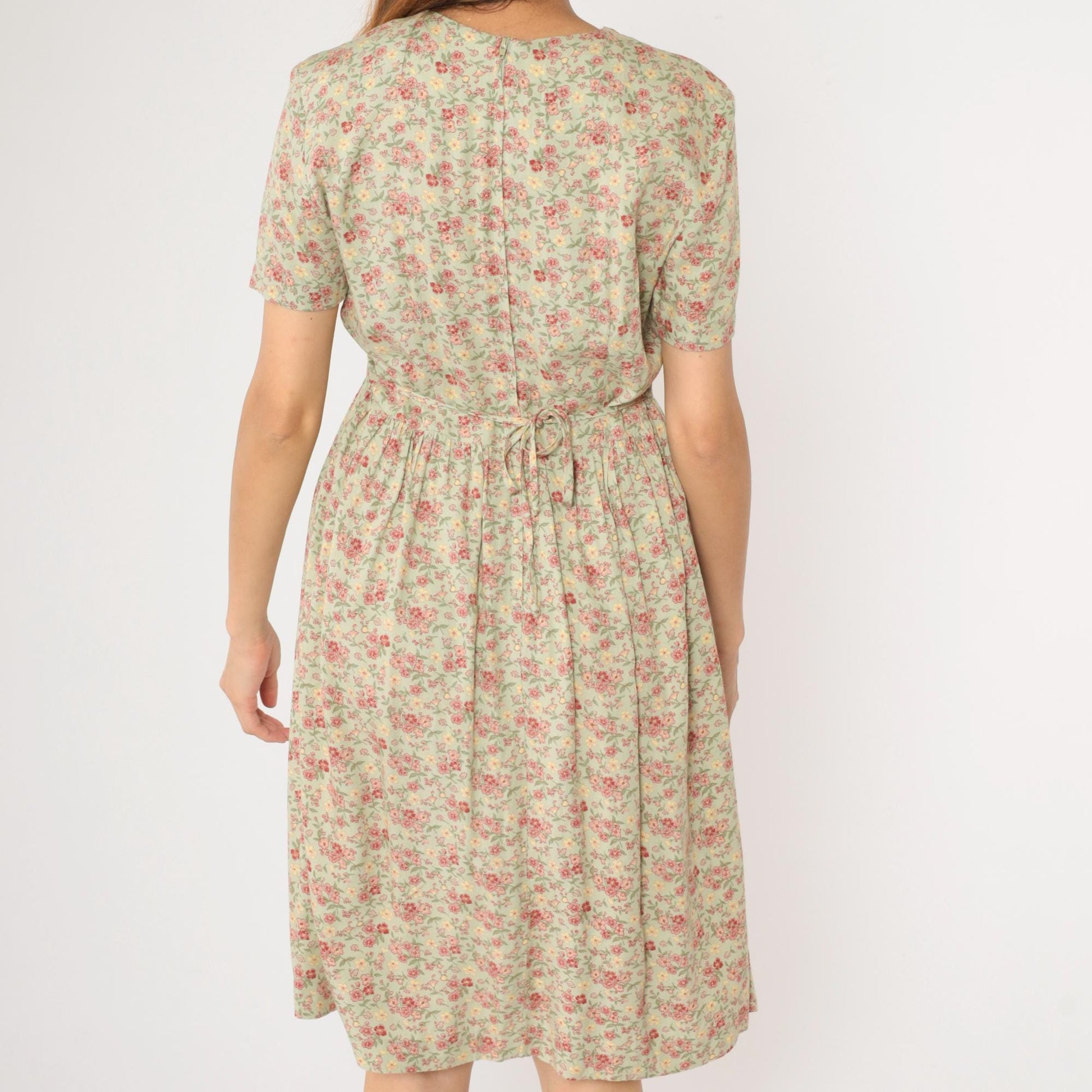 90s Betsy Lauren Petites Floral Midi Dress Pastel Green Pink Pintuck Small