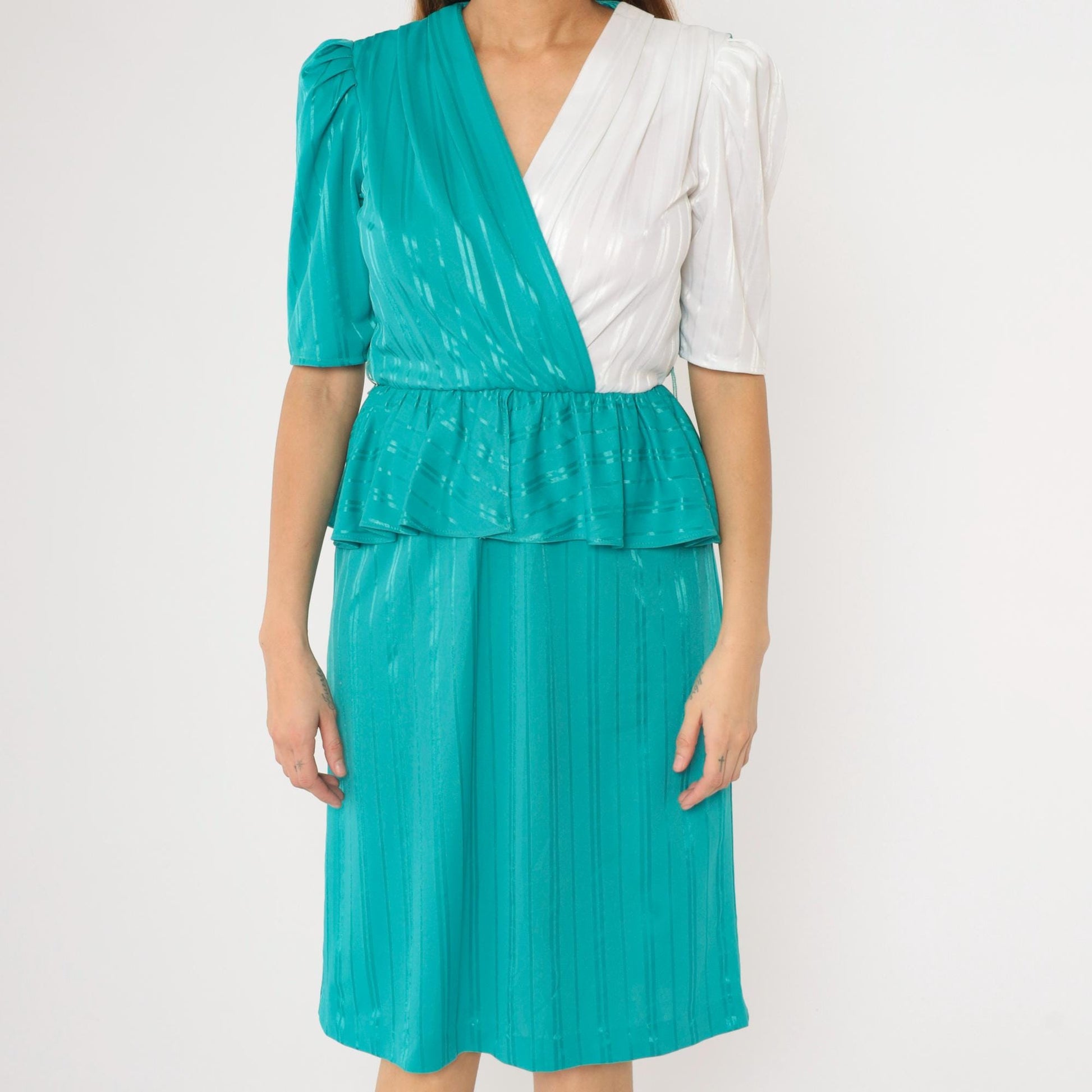 80s Sally Lou Teal Green Striped Peplum Midi Dress Puff Sleeve Small