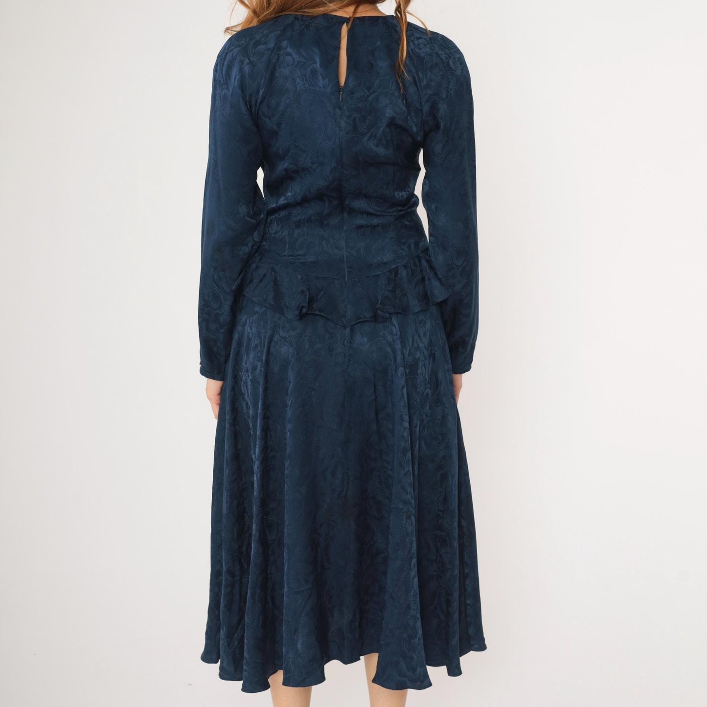 90s Argenti Navy Silk Midi Dress Floral Jacquard Peplum Raglan Medium M