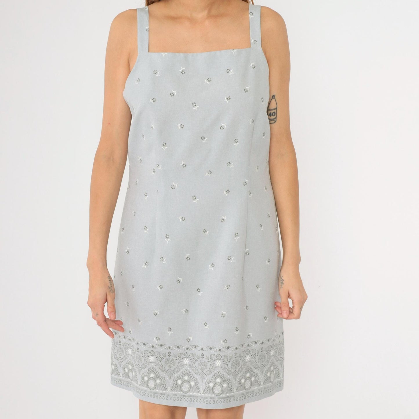 90s Grey Floral Mini Dress Sleeveless Square Neck Sheath Pencil Medium