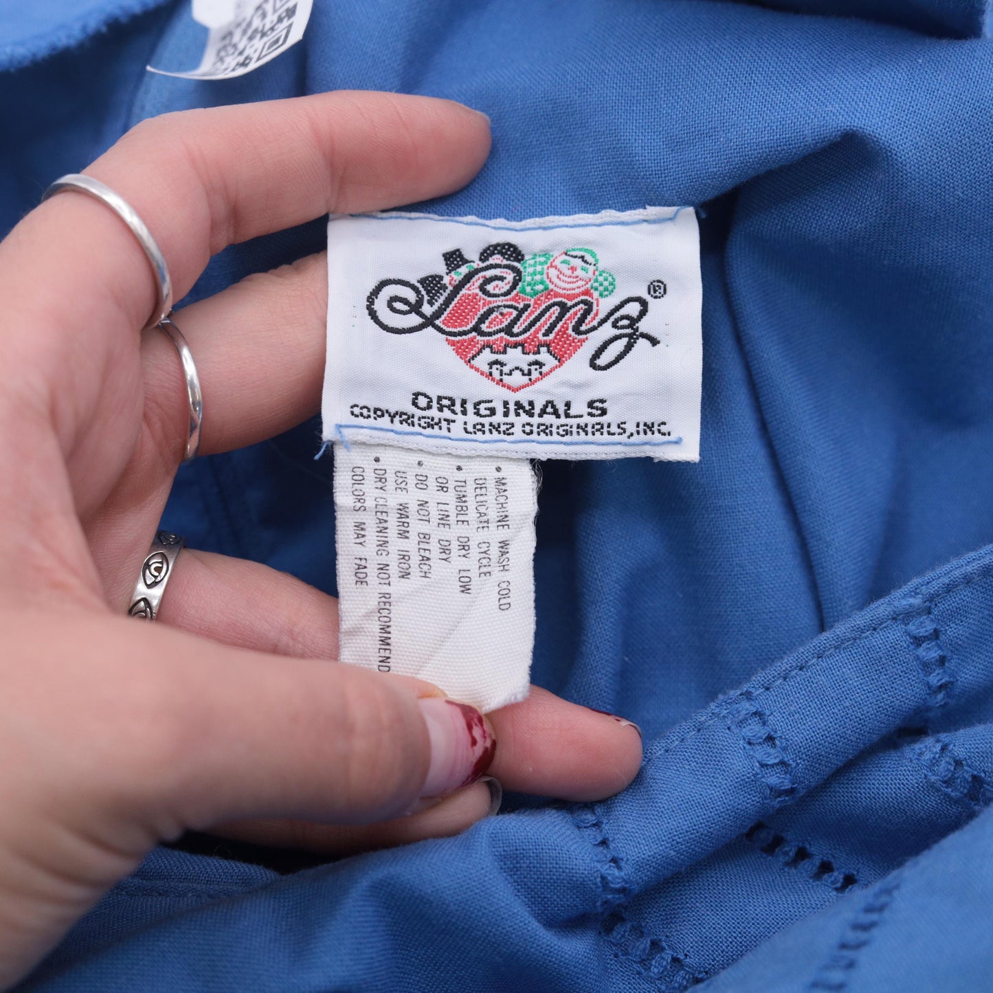 80s Lanz Originals Blue Cotton Pinafore Dress Cutwork Square Neckline Small
