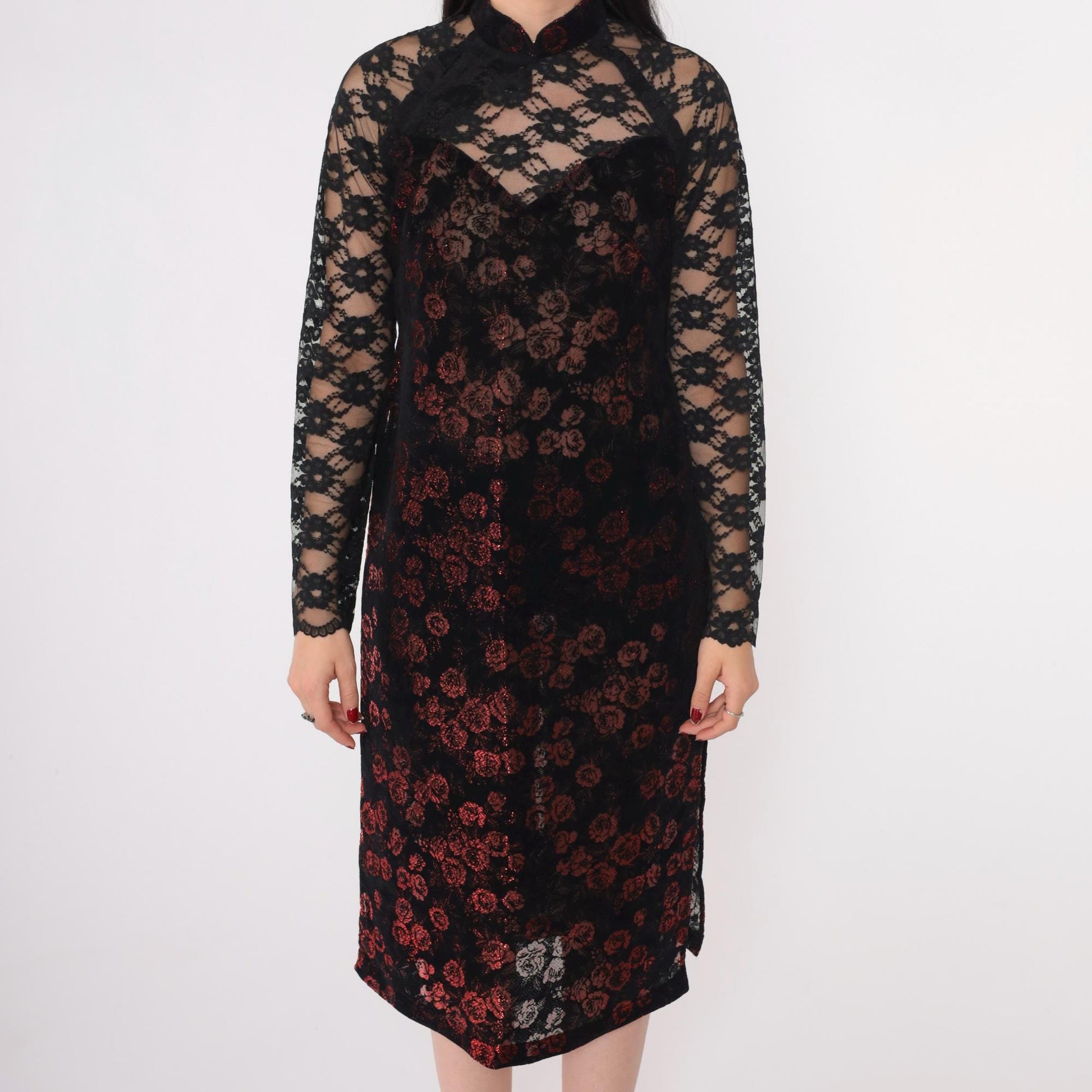 00s Ao Dai Dress Burnout Velvet Floral Mandarin Collar Black Lace Extra Small