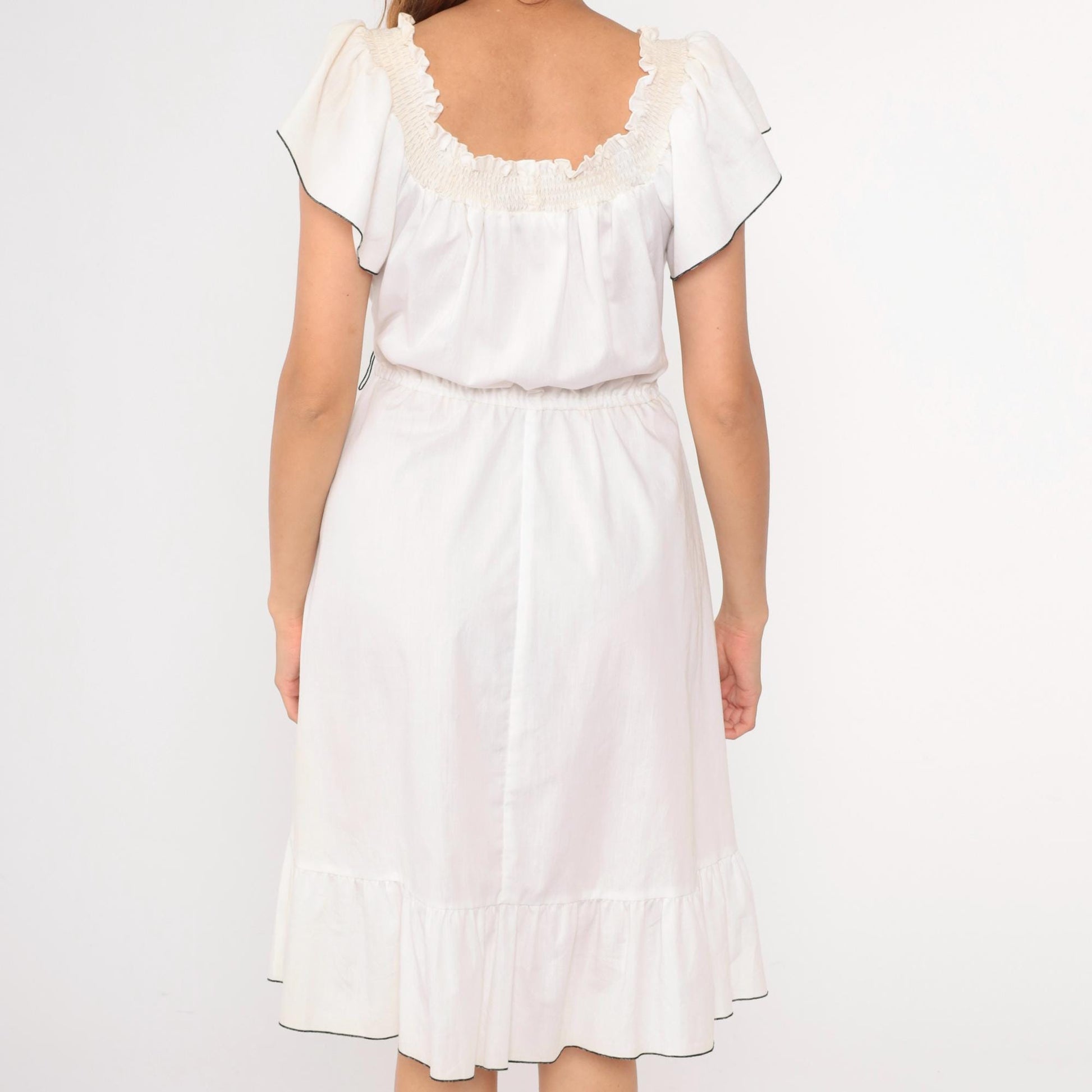 80s White Peasant Dress Smocked Neckline Flutter Sleeve Midi Medium