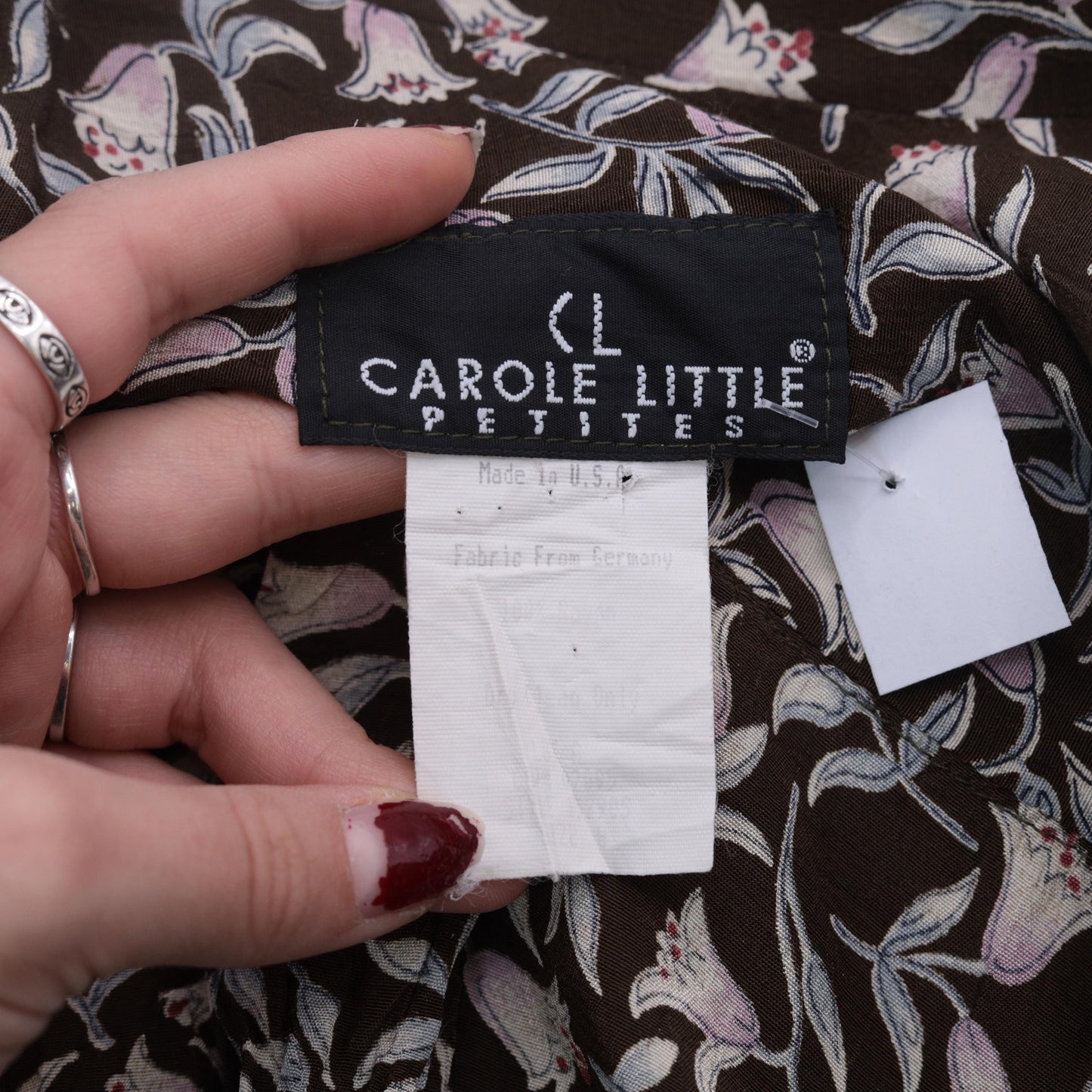90s Carole Little Floral Button-Up Blouse Brown Peplum Petite Medium