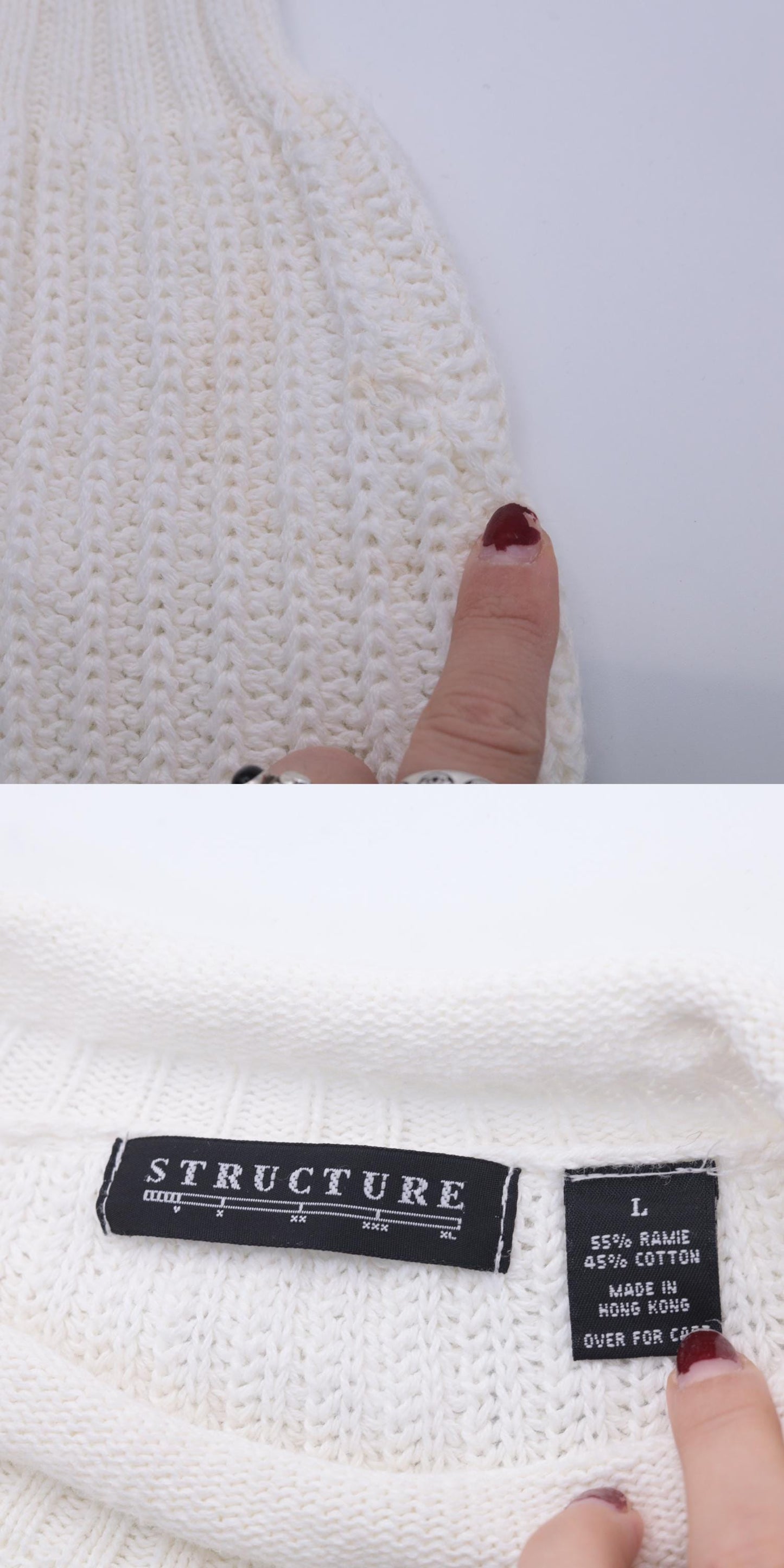 90s Structure White Ramie Cotton Roll Neck Sweater Ribbed Knit Large L