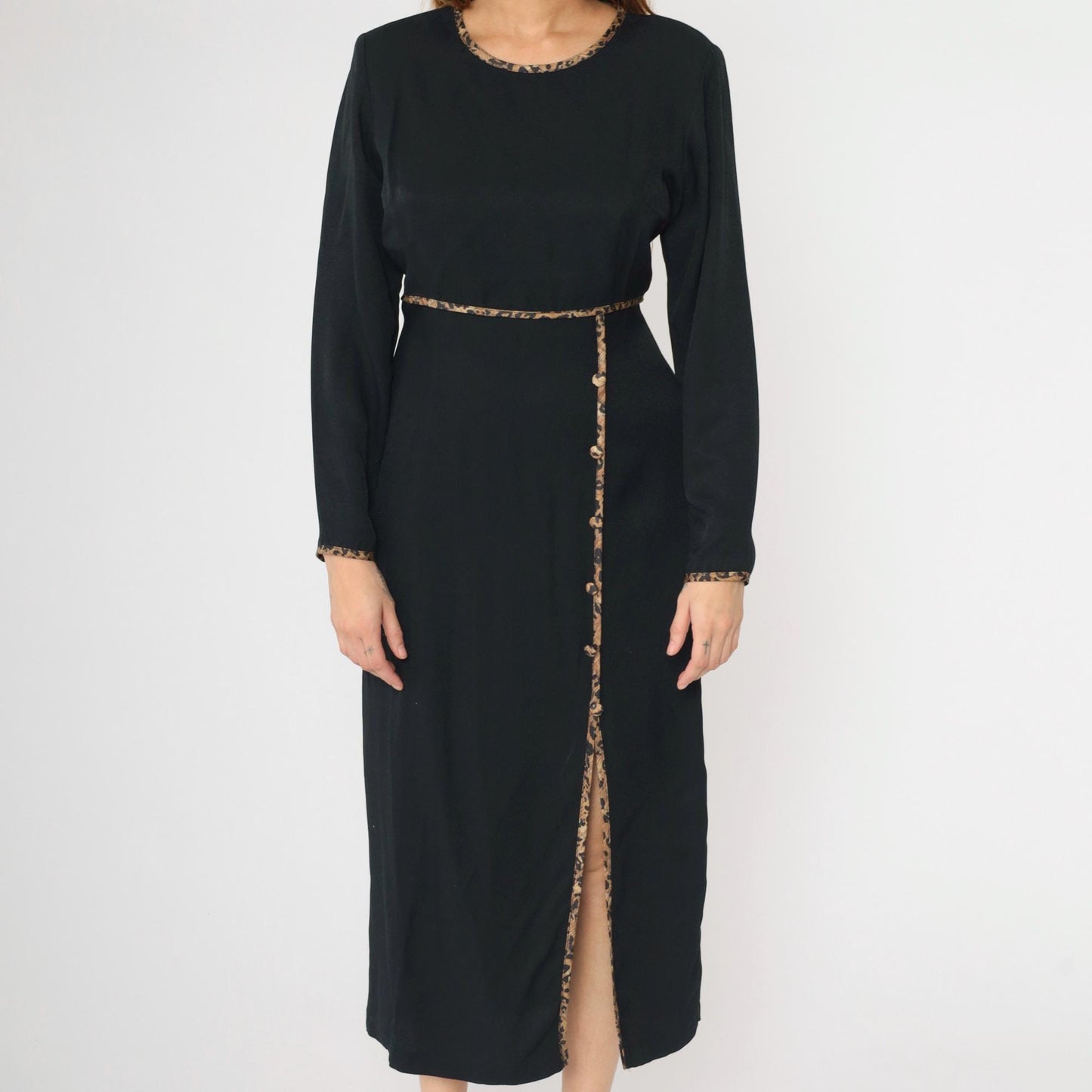 90s David Benjamin Black Midi Dress Leopard Trim High Waist Front Slit Medium