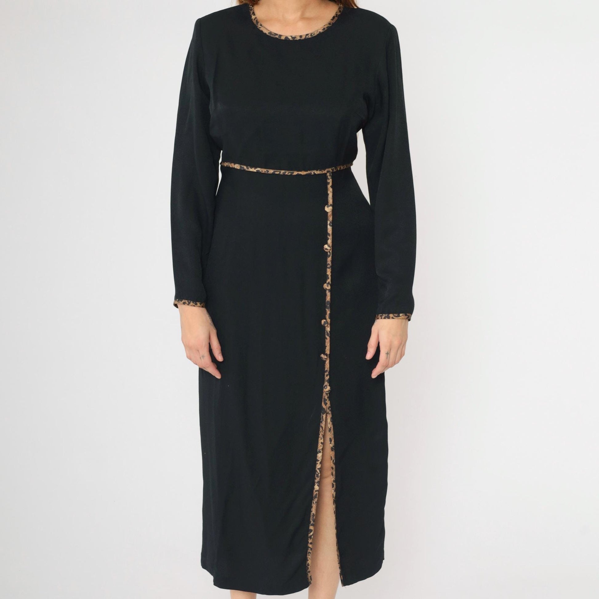 90s David Benjamin Black Midi Dress Leopard Trim High Waist Front Slit Medium