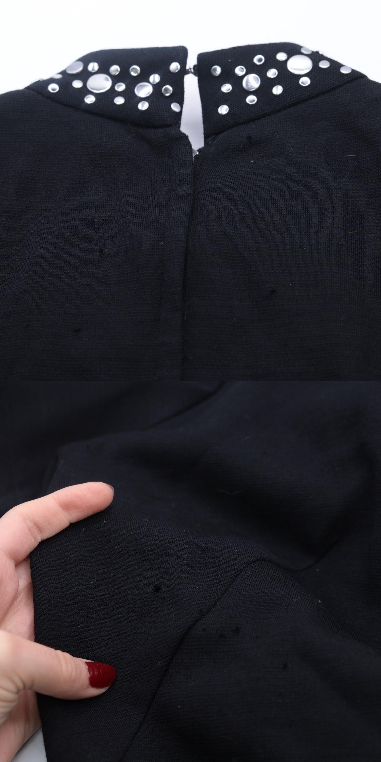 60s Black Wool Mini Shift Dress Studded Neckline Small S