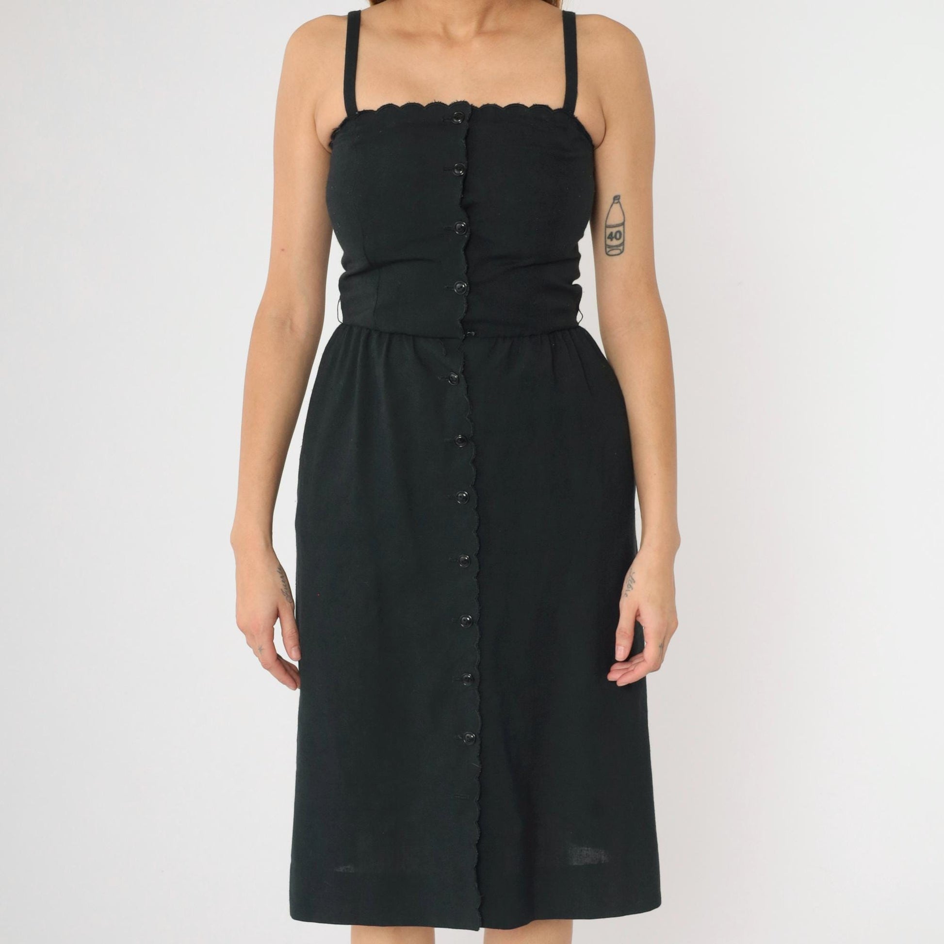 80s Black Midi Sundress Scalloped Neckline Button Front High Waist Spaghetti Strap XS