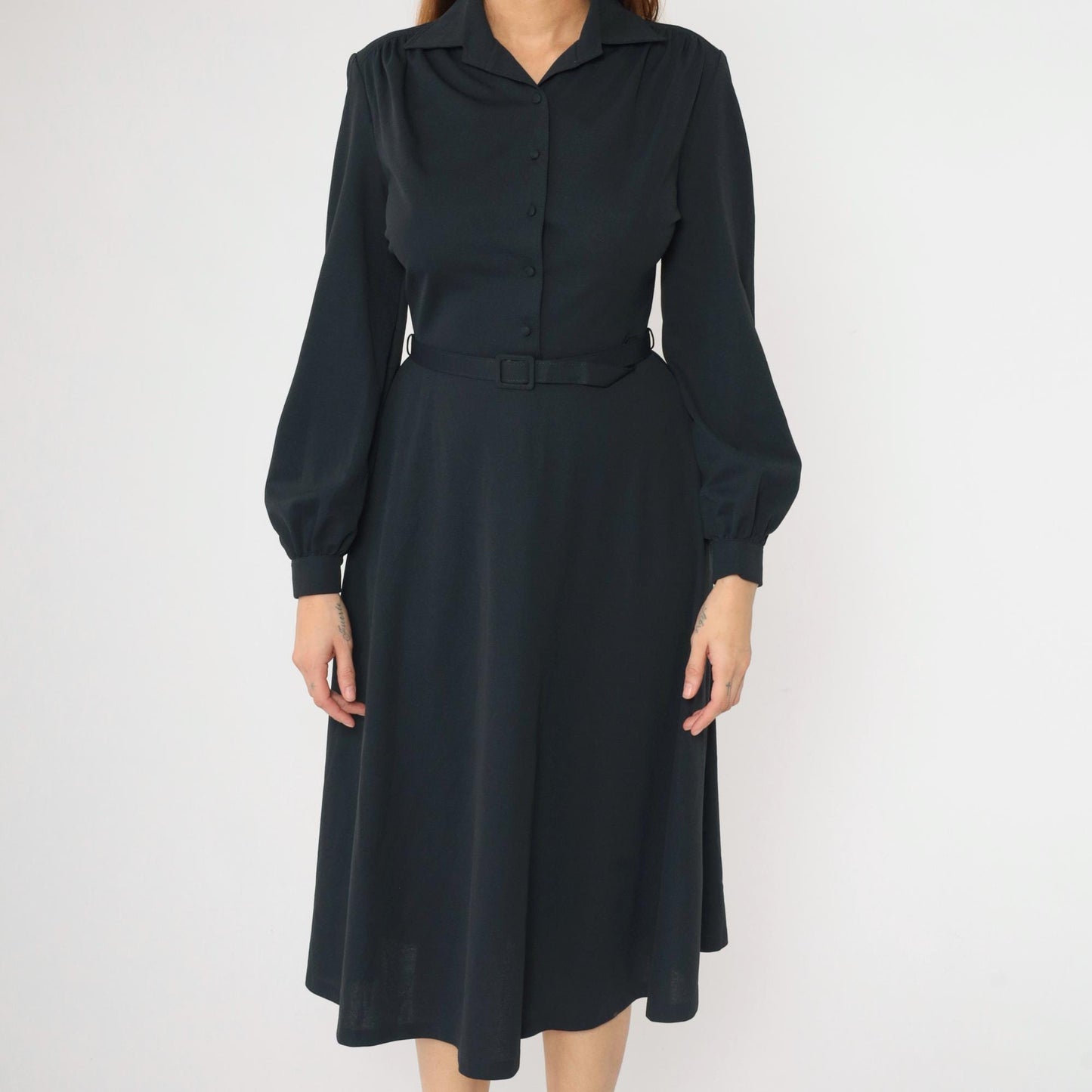 70s Black Midi Shirtdress Button-Up High Waisted Belted Collared Small S