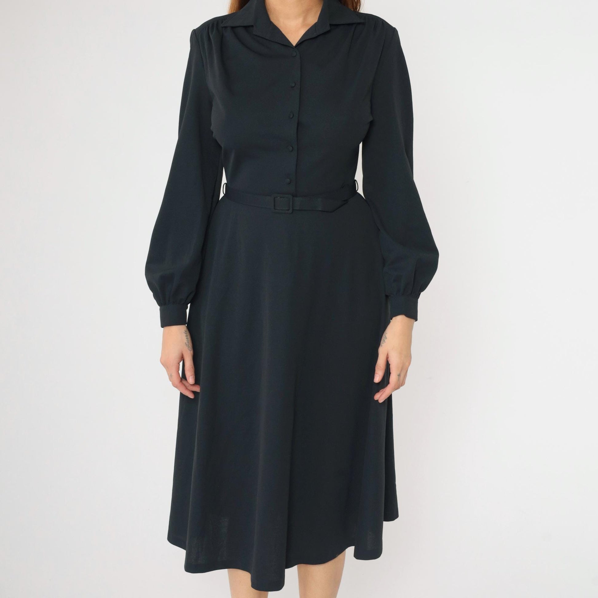 70s Black Midi Shirtdress Button-Up High Waisted Belted Collared Small S