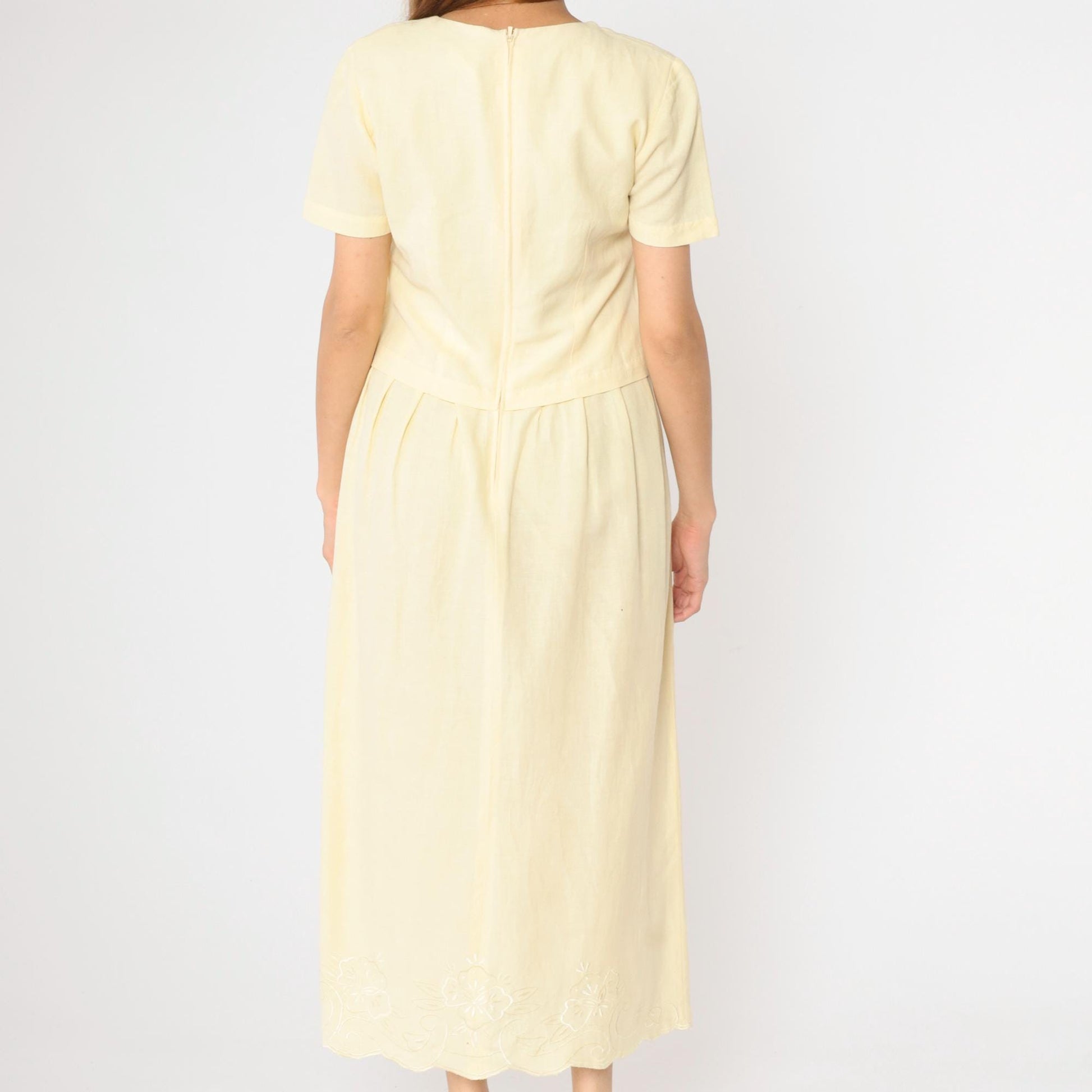 Y2K Coldwater Creek Floral Embroidered Maxi Dress Yellow Eyelet Small 6