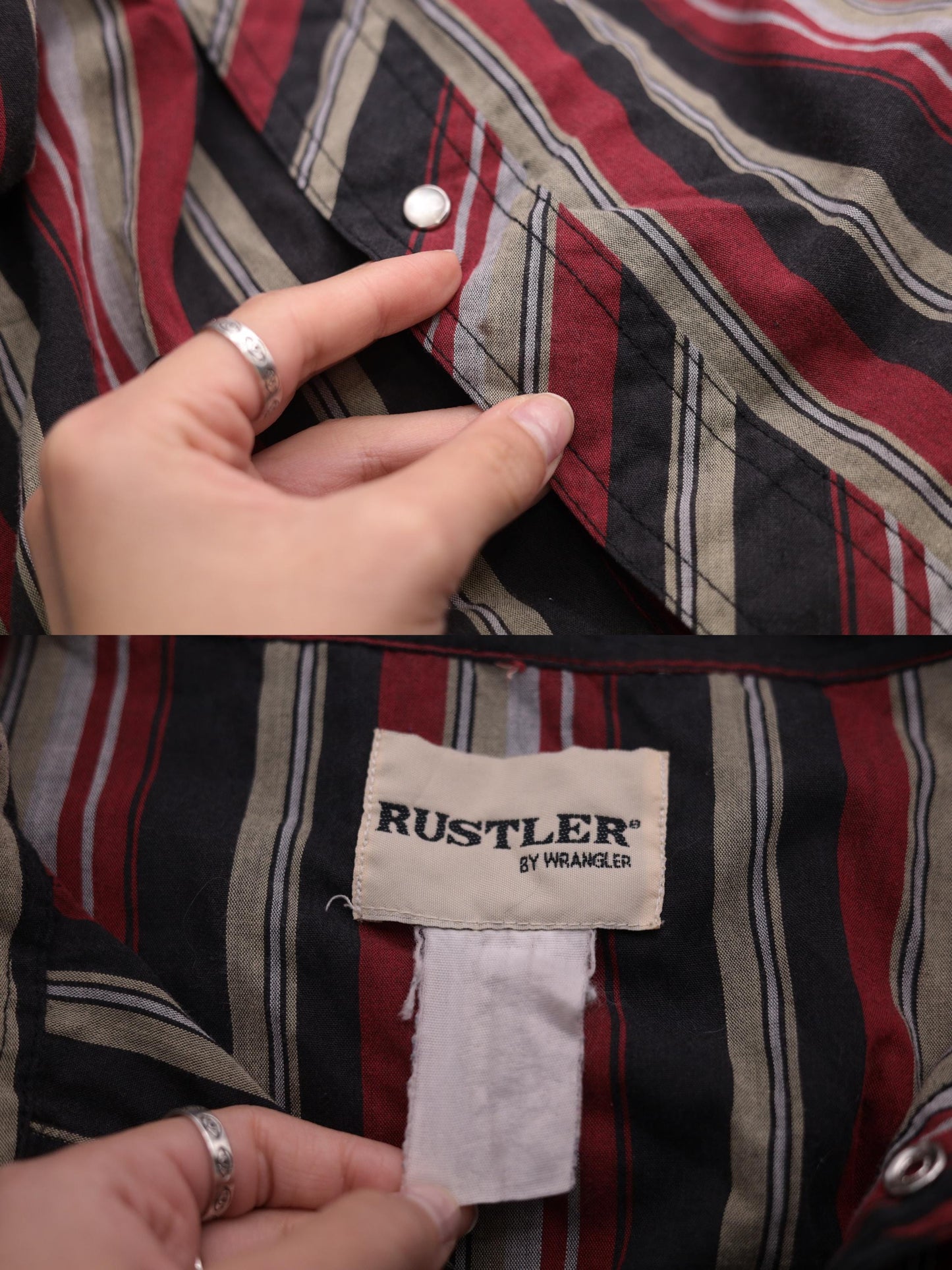90s Rustler by Wrangler Western Shirt Pearl Snap Red Grey Black Striped Plus Size 3XL