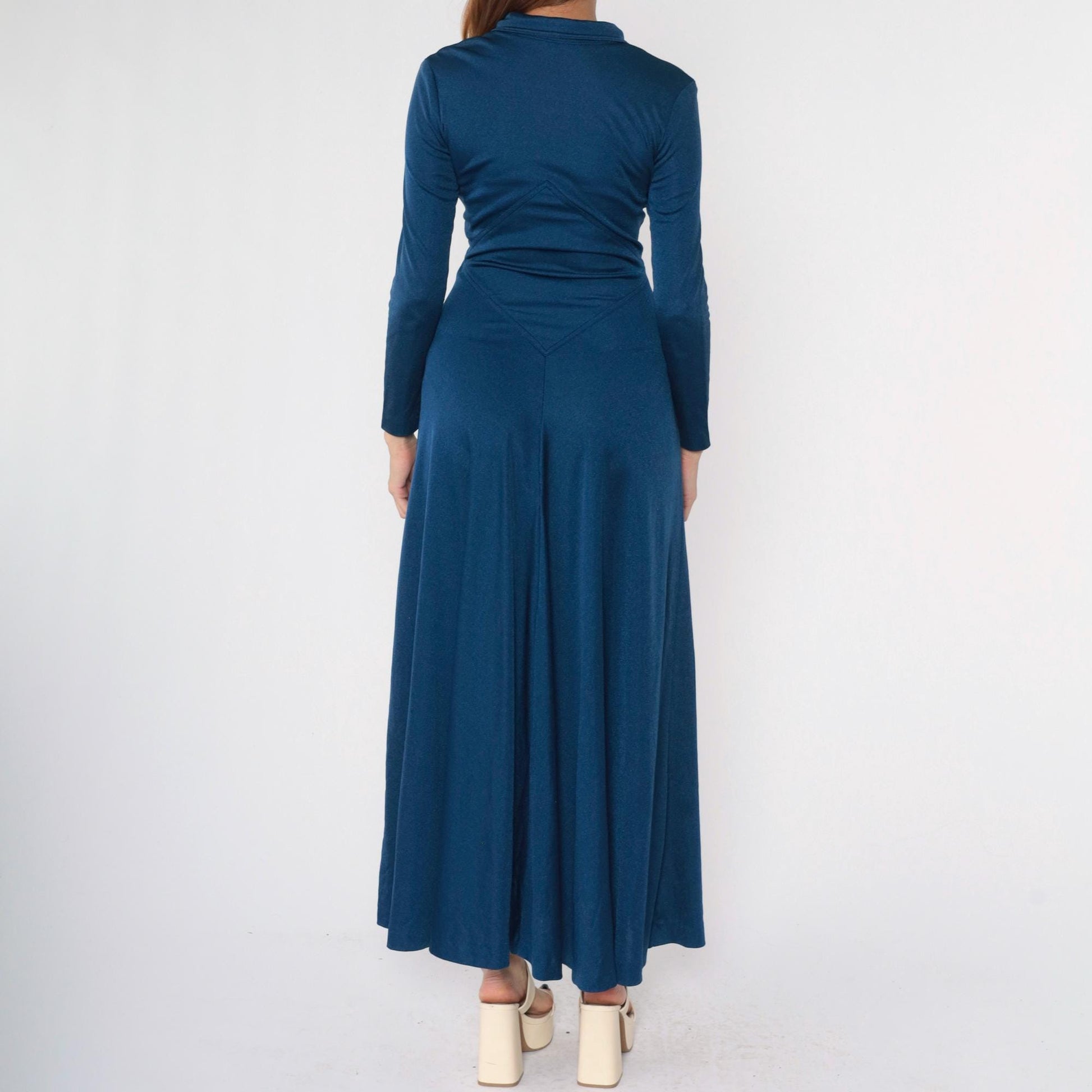 70s Navy Maxi Dress Long Sleeve Wide Collar Diamond Waist Small Medium