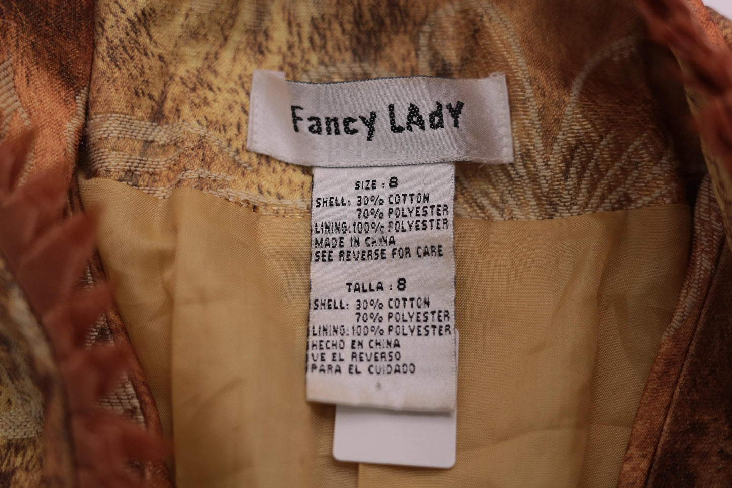 90s Floral Jacquard Blazer Leopard Print Fringe Trim Deep V Burnt Orange Small