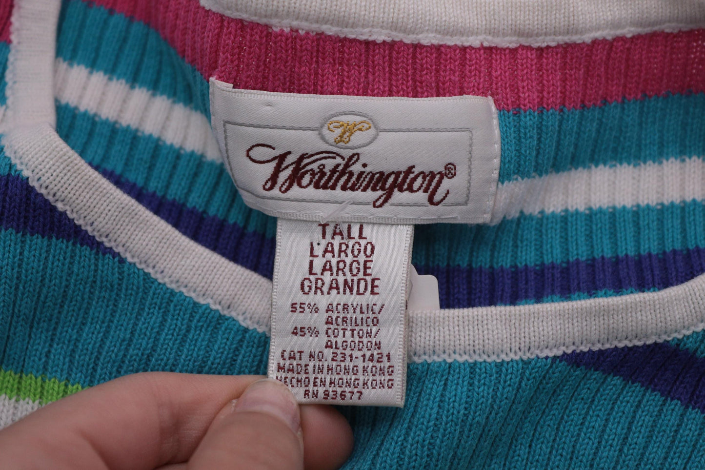 90s Worthington Striped Ribbed Knit Top Short Sleeve Pink Purple Blue Large L