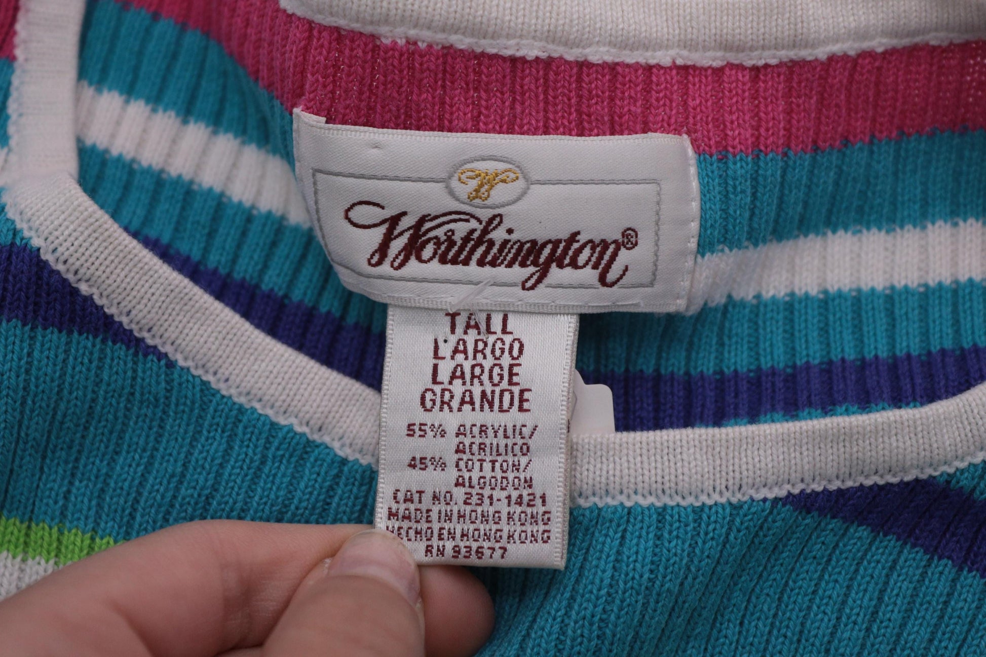 90s Worthington Striped Ribbed Knit Top Short Sleeve Pink Purple Blue Large L