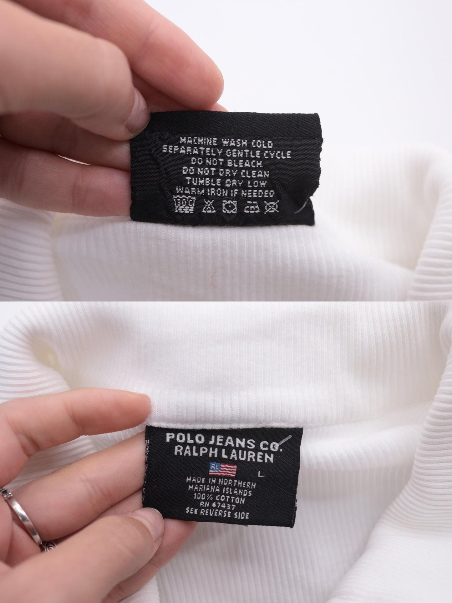 Y2K Ralph Lauren Polo Jeans Quarter-Zip Ribbed Shirt White Cotton Large L