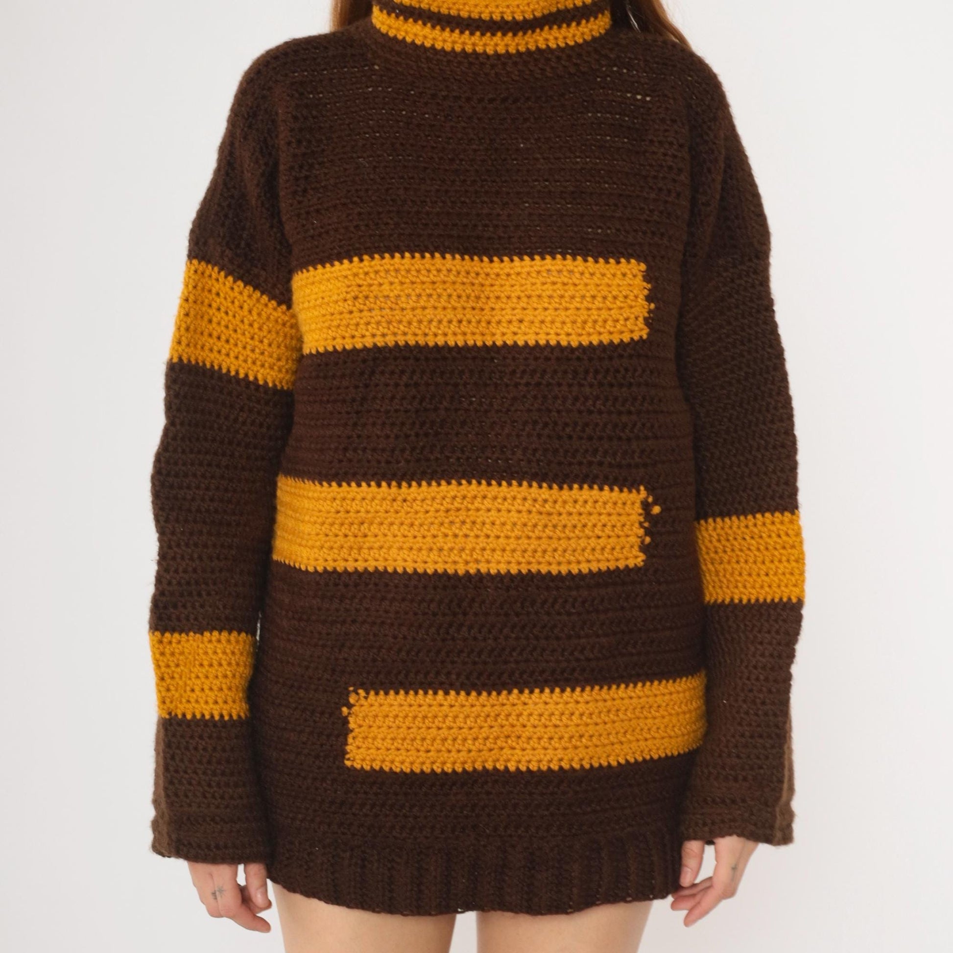 70s Striped Crochet Sweater Brown Mustard Mock Neck Pullover Extra Large