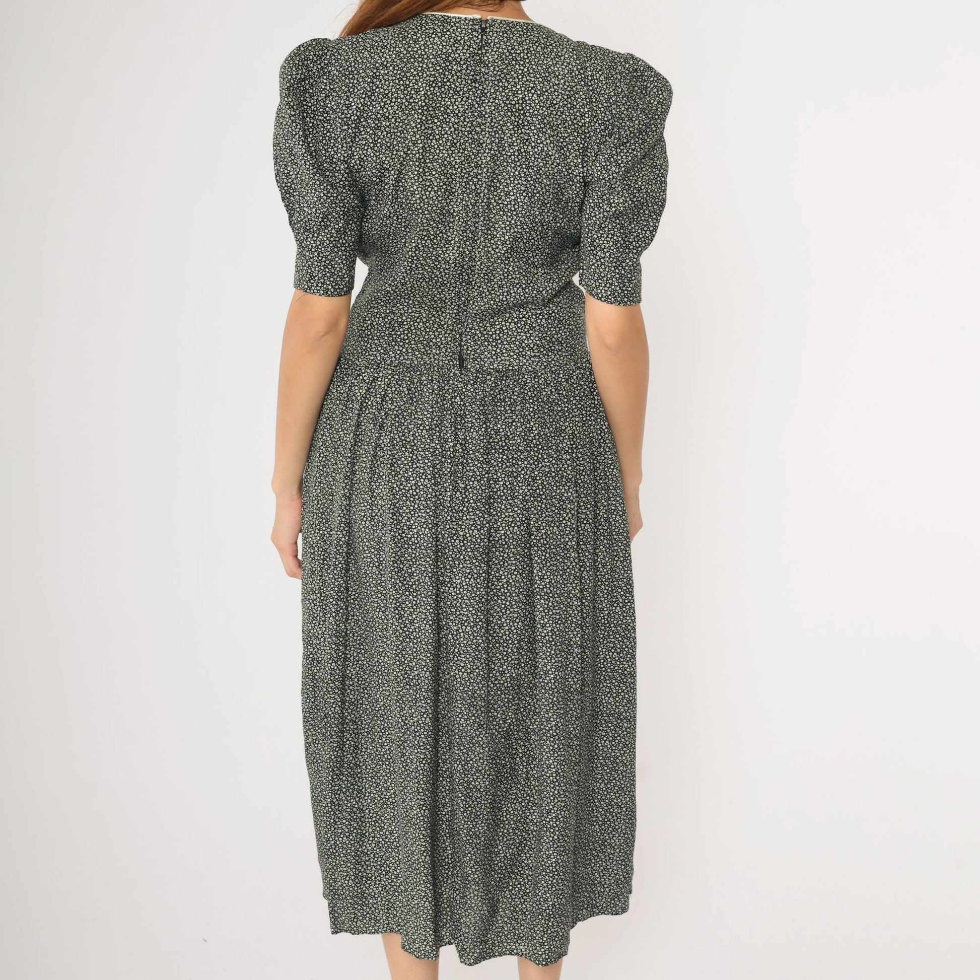 80s Floral Calico Dress Soutache Beaded Puff Sleeve Black White Midi Basque Waist Medium 8