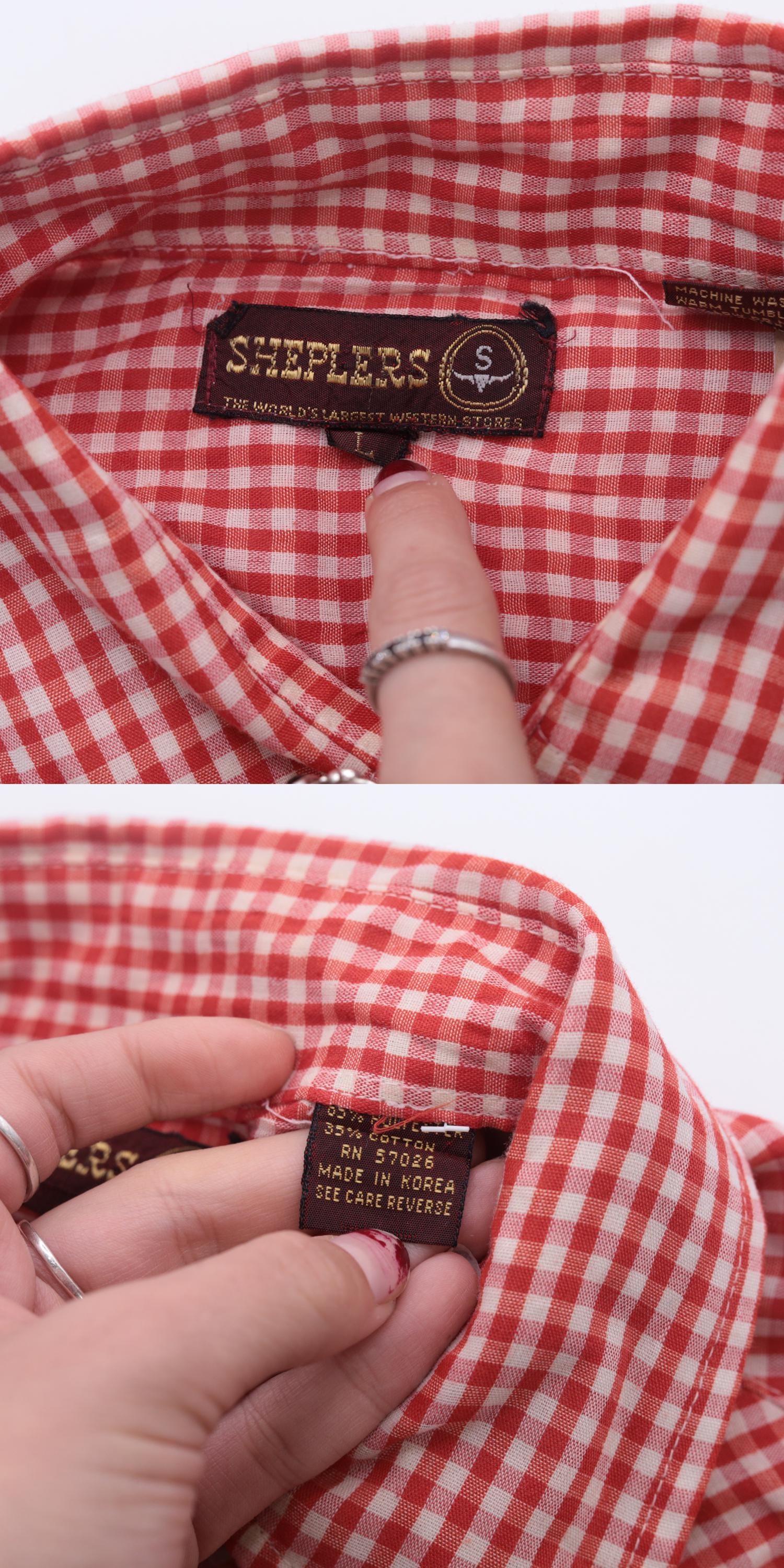 70s Sheplers Western Shirt Red White Gingham Pearl Snap Plaid Large L