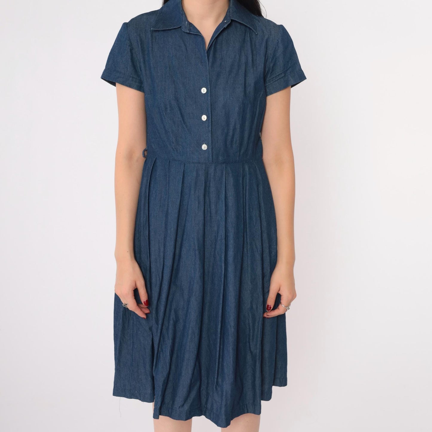 90s Talbots Petite Denim Shirtdress Knee-Length Pleated Dark Blue Cotton Size 2