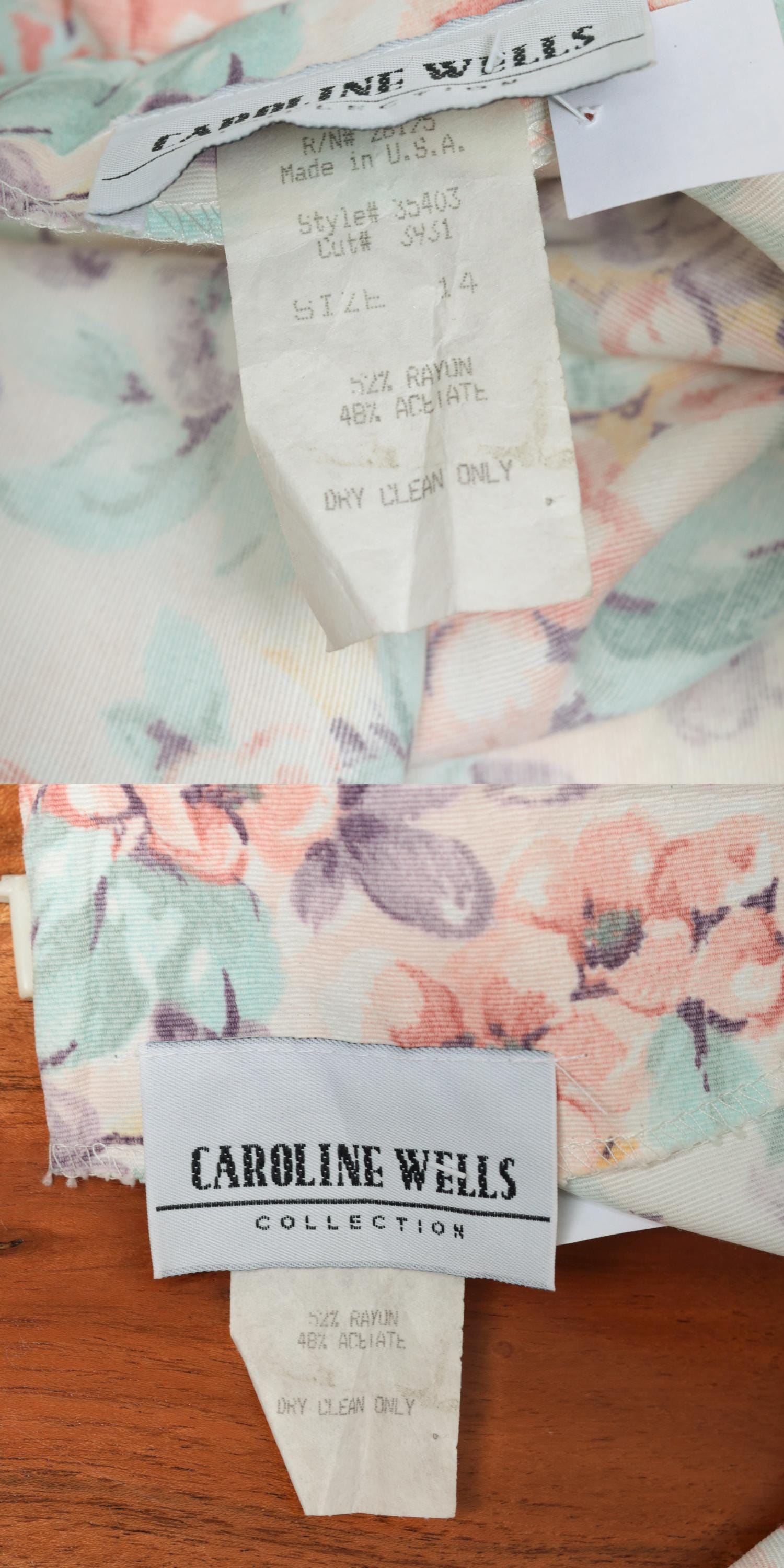 80s Caroline Wells Floral Midi Dress White Puff Sleeve Pearl Button Medium