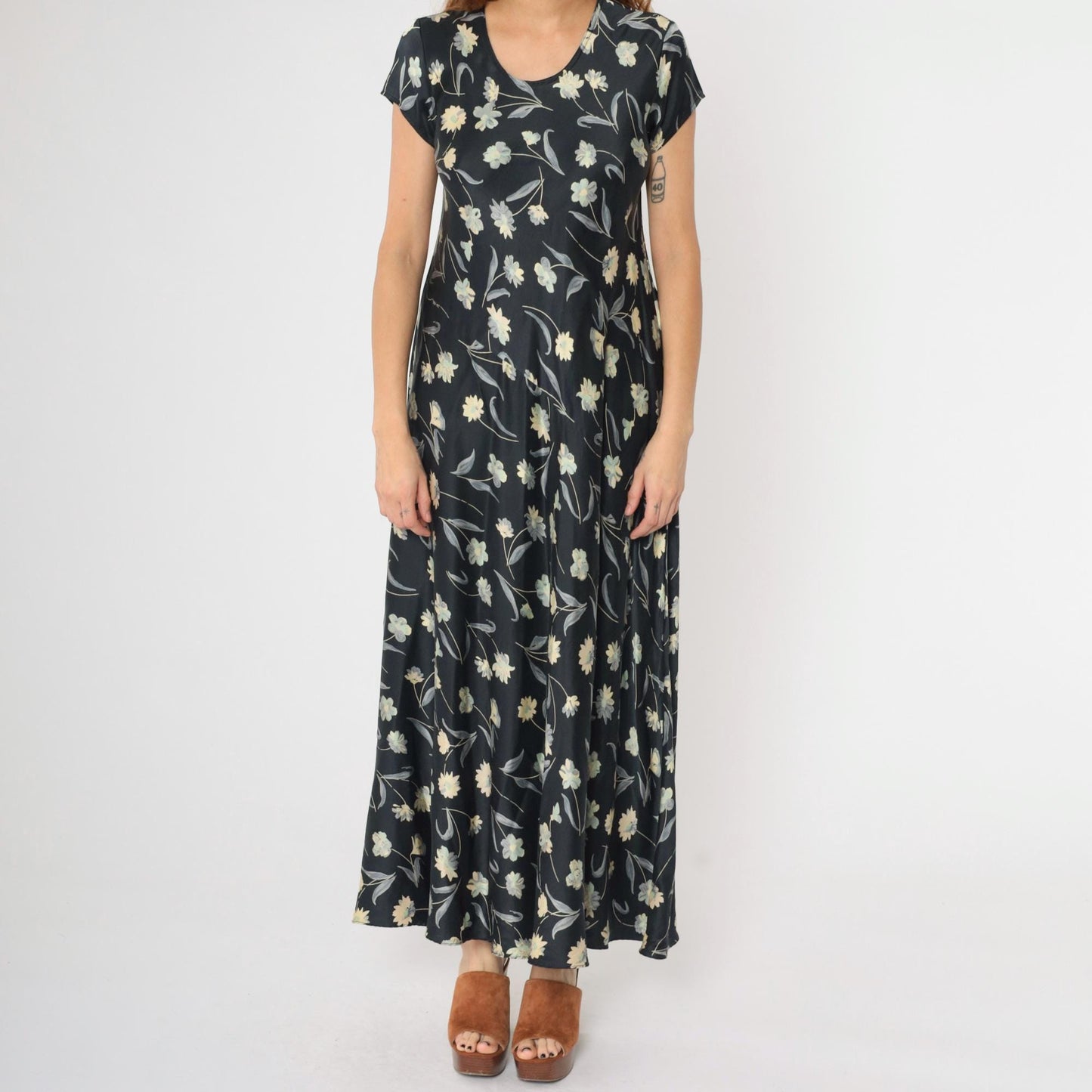 90s Black Floral Silk Maxi Dress Scoop Neck Short Sleeve Large L