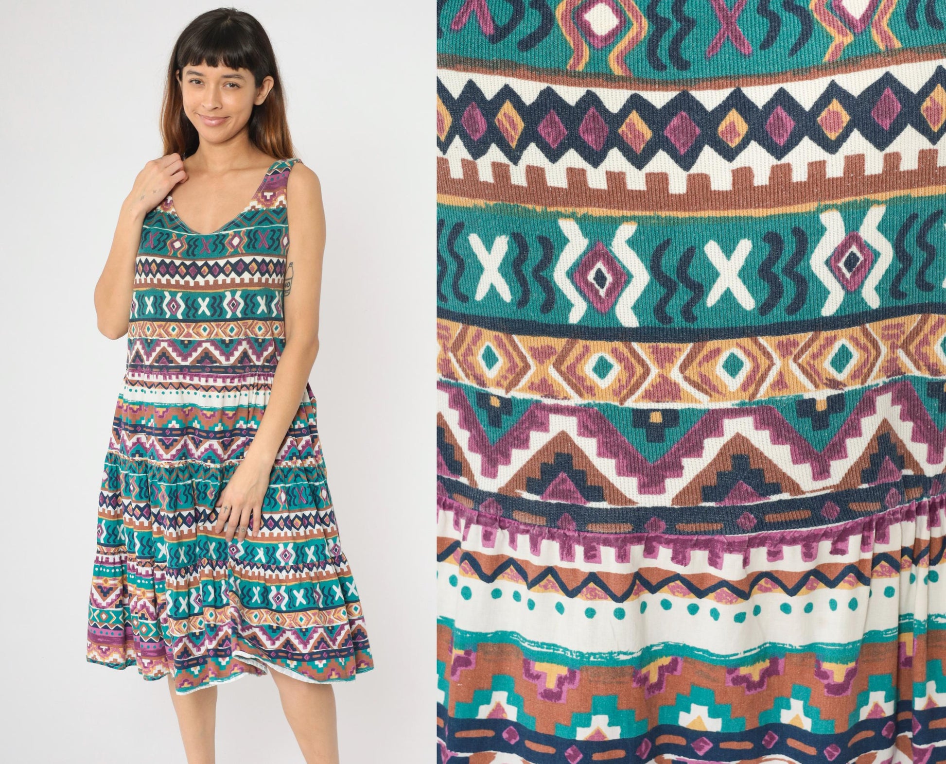 90s Fredericks of Hollywood Southwestern Midi Dress Geometric Patchwork Sleeveless Small