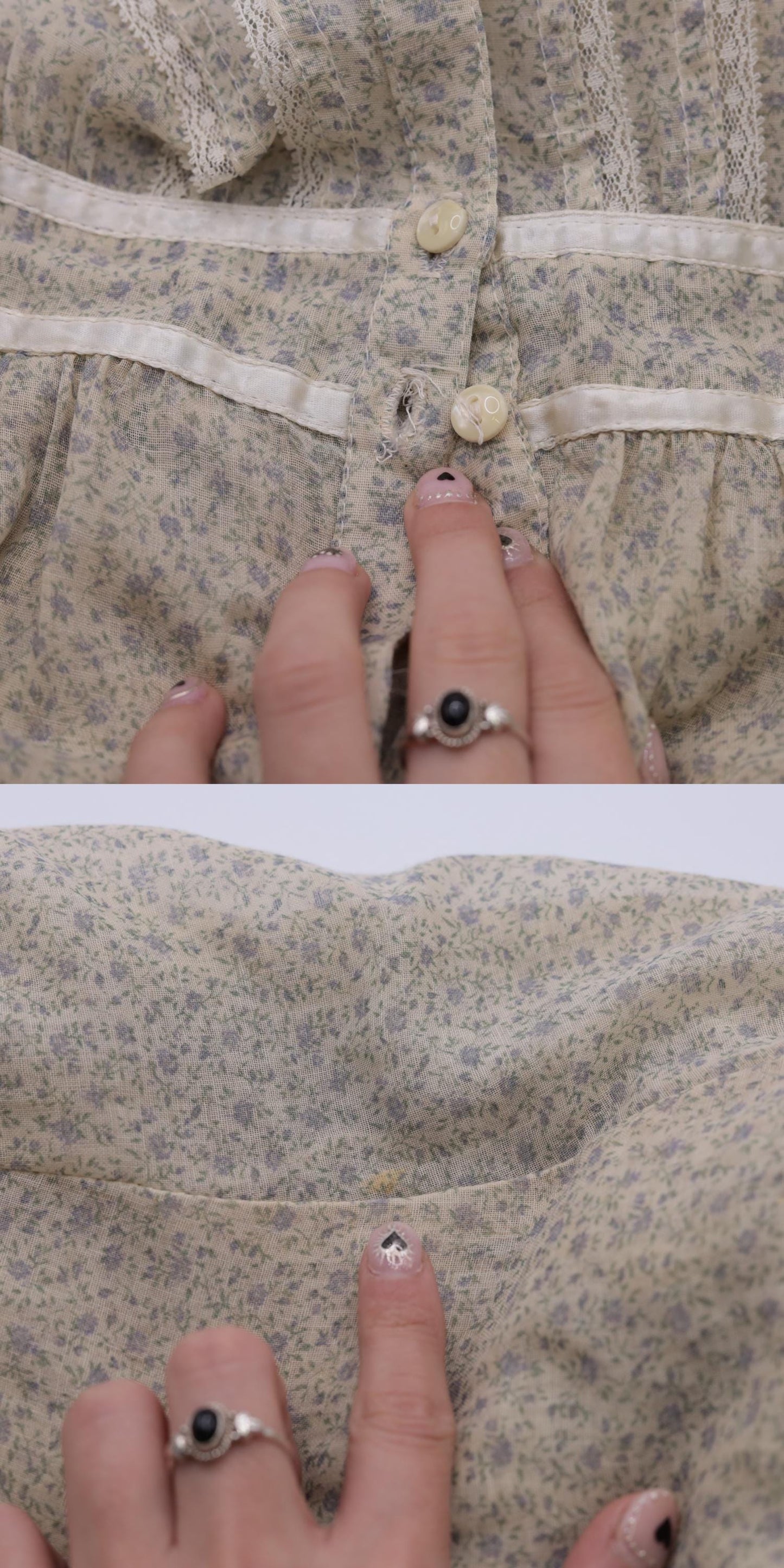 70s Gunne Sax Floral Calico Midi Dress Cream Puff Sleeve Lace Extra Small