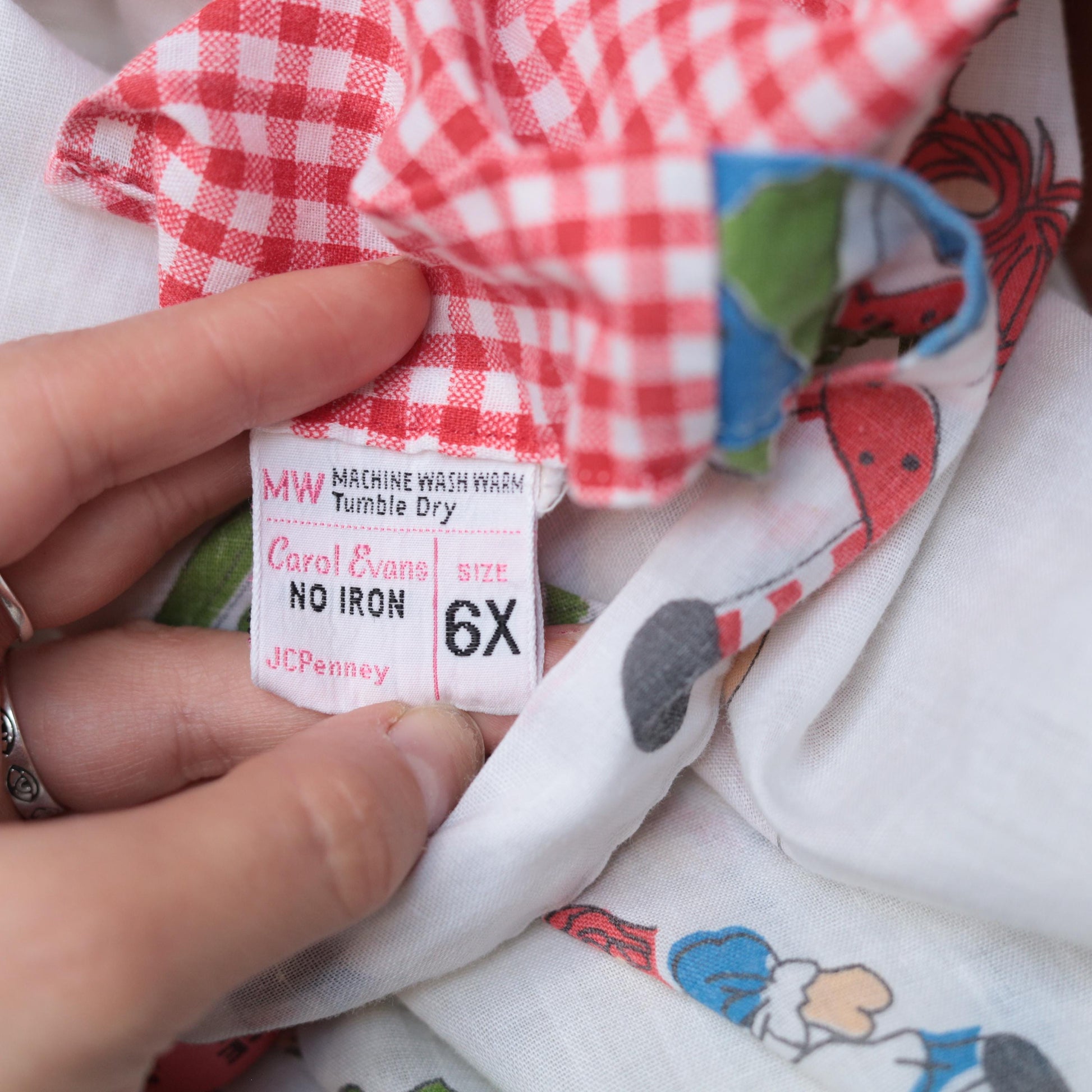 70s Raggedy Ann Pajama Shirt White Red Gingham Eyelet Puff Sleeve XXS